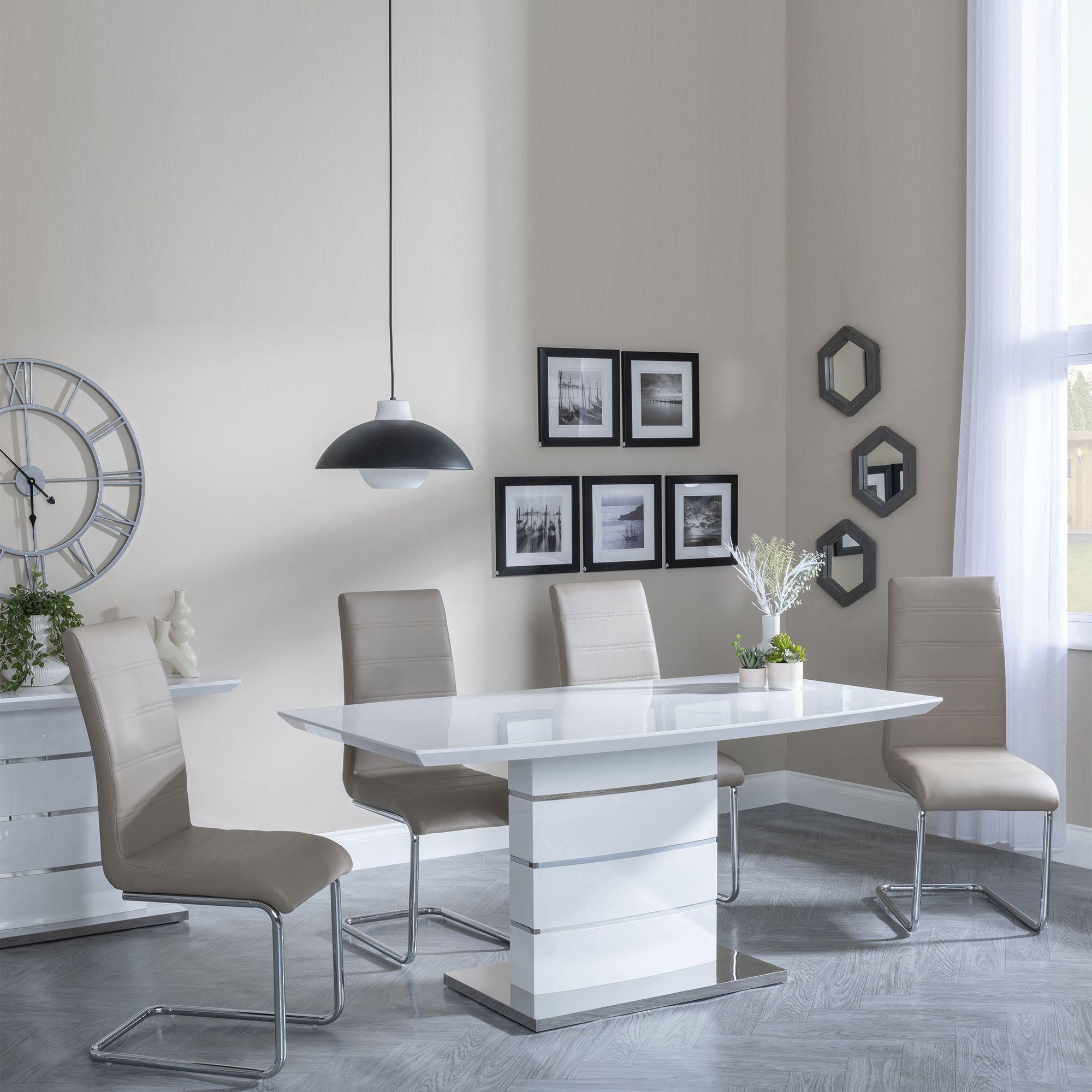 Clearance - Rimini White Gloss Dining Set - Roma Beige Faux Leather Dining Chair