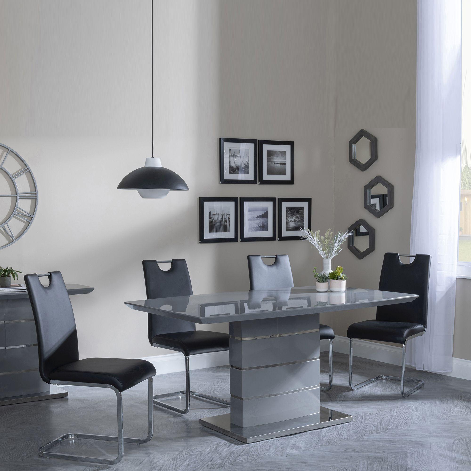 GET 2 CHAIRS FREE - Rimini Grey Gloss Dining Set - Bianco Black Faux Leather Dining Chair