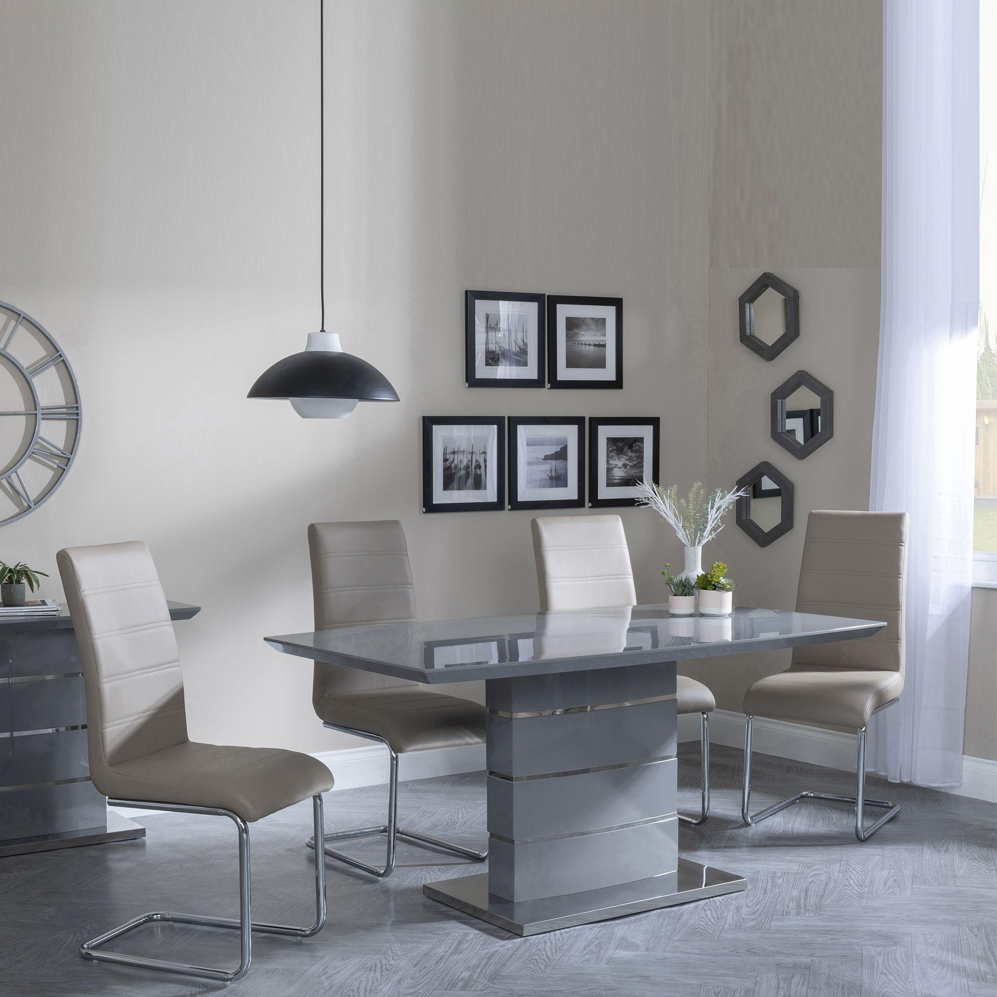 GET 2 CHAIRS FREE - Rimini Grey Gloss Dining Set - Roma Beige Faux Leather Dining Chair