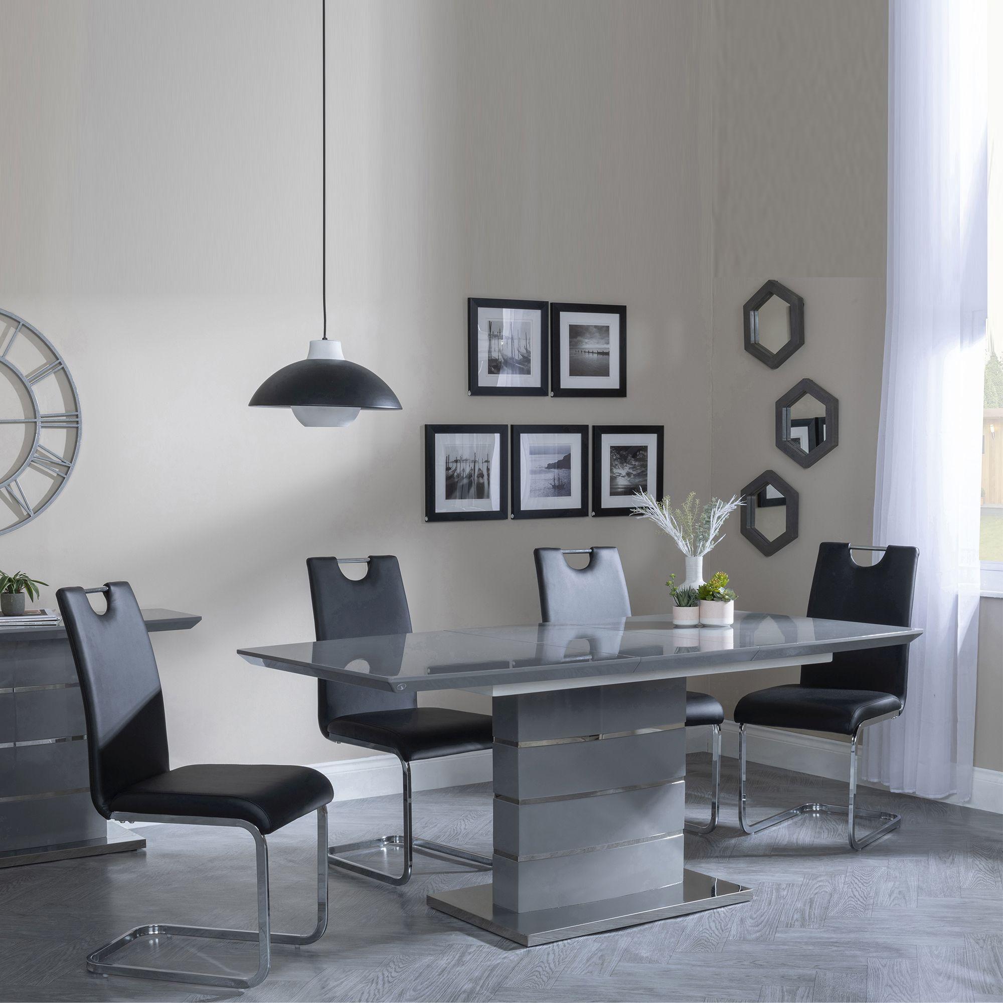 GET 2 CHAIRS FREE - Rimini Grey Gloss Extending Dining Set - Bianco Black Faux Leather Dining Chair