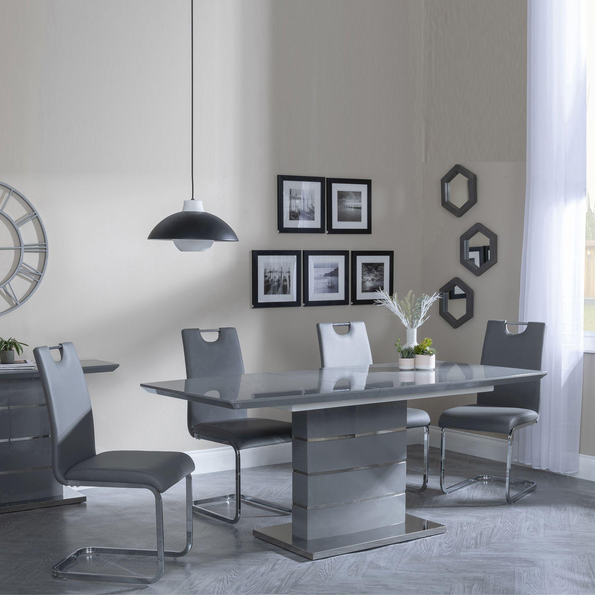 Clearance - Rimini Grey Gloss Extending Dining Set - Bianco Grey Faux Leather Dining Chair