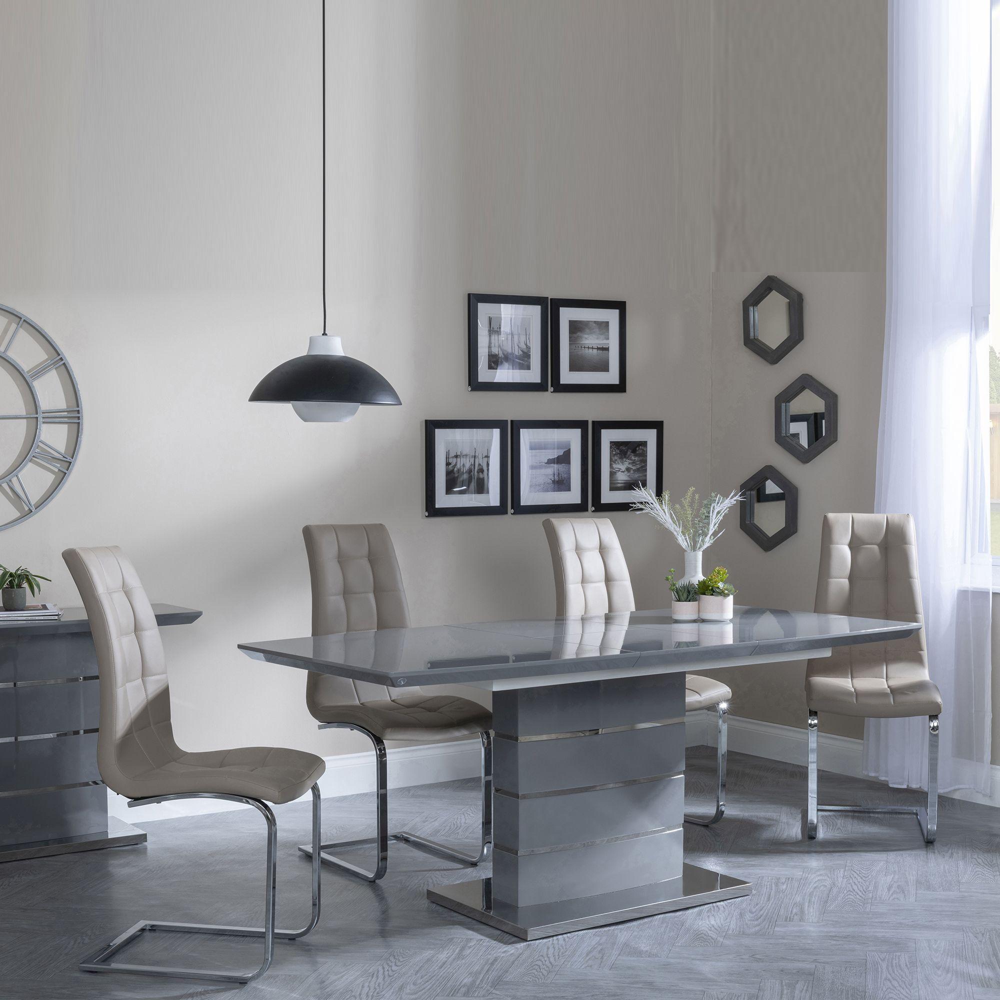 Clearance - Rimini Grey Gloss Extending Dining Set - Jamison Beige Faux Leather Dining Chair