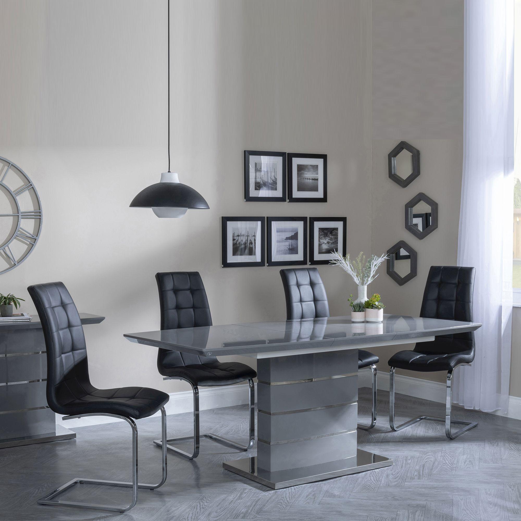 Clearance - Rimini Grey Gloss Extending Dining Set - Jamison Black Faux Leather Dining Chair
