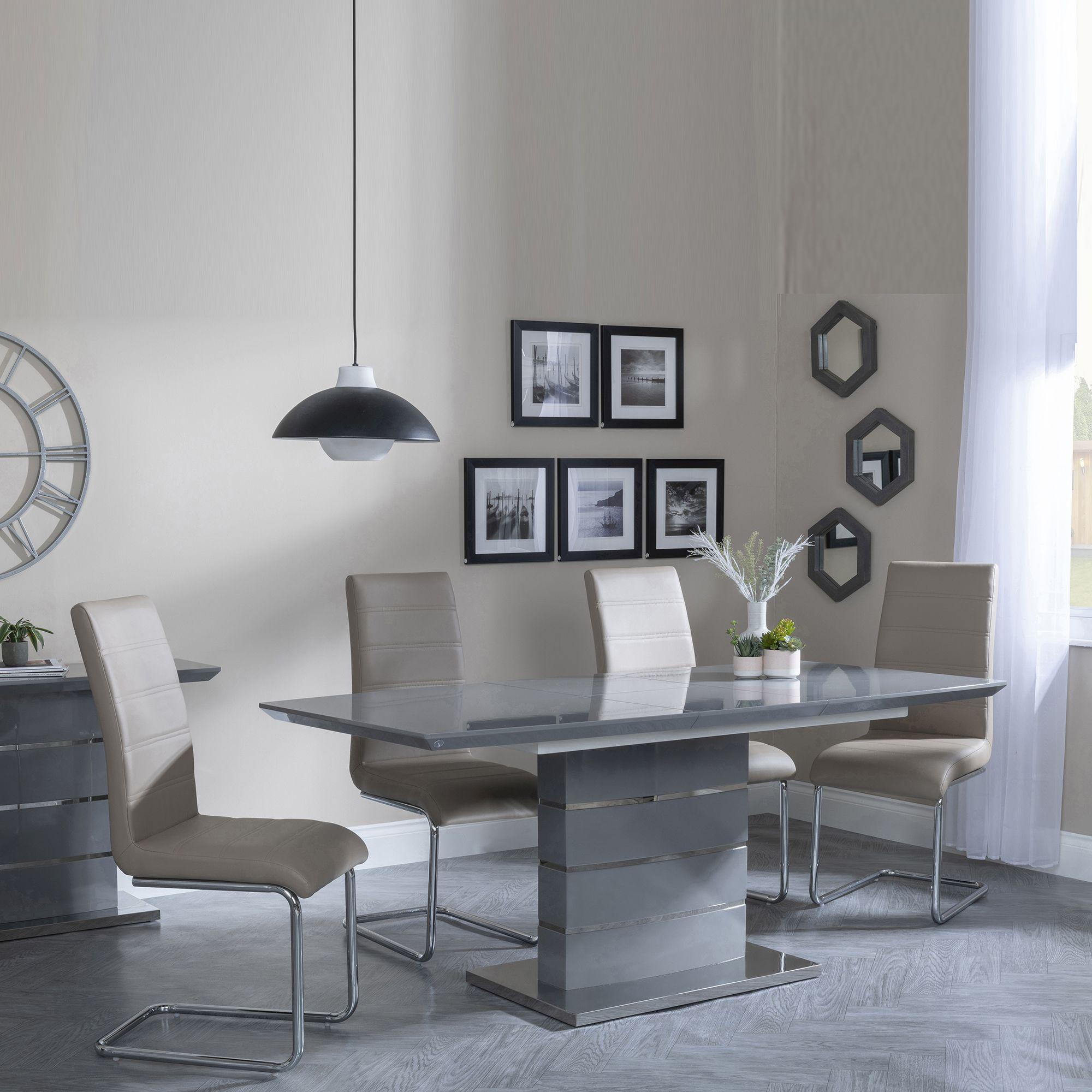 GET 2 CHAIRS FREE - Rimini Grey Gloss Extending Dining Set - Roma Beige Faux Leather Dining Chair