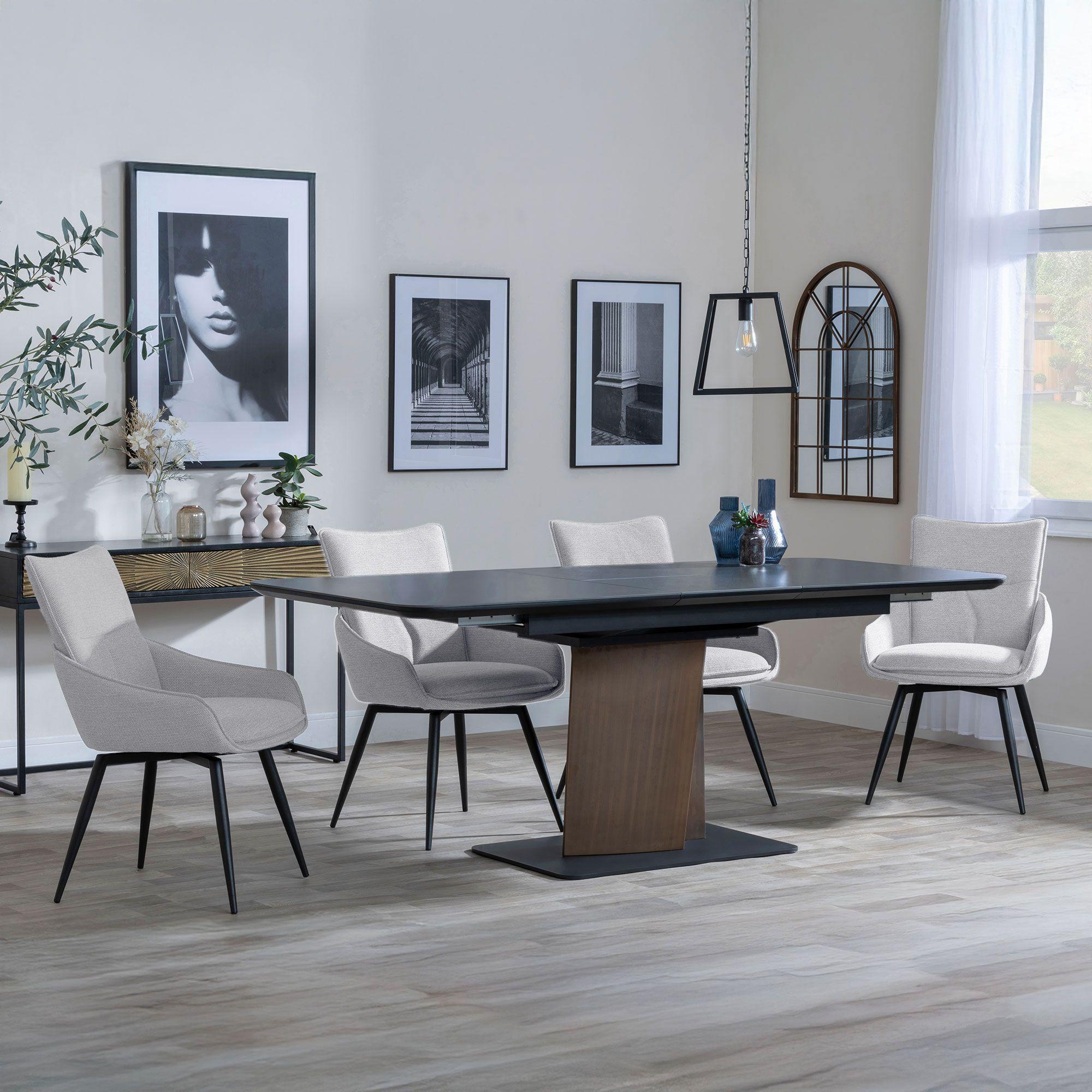 Catalina Black Ceramic Extending Dining Set with Walnut Pedestal Base - Ace Beige Fabric Swivel Dining Chair