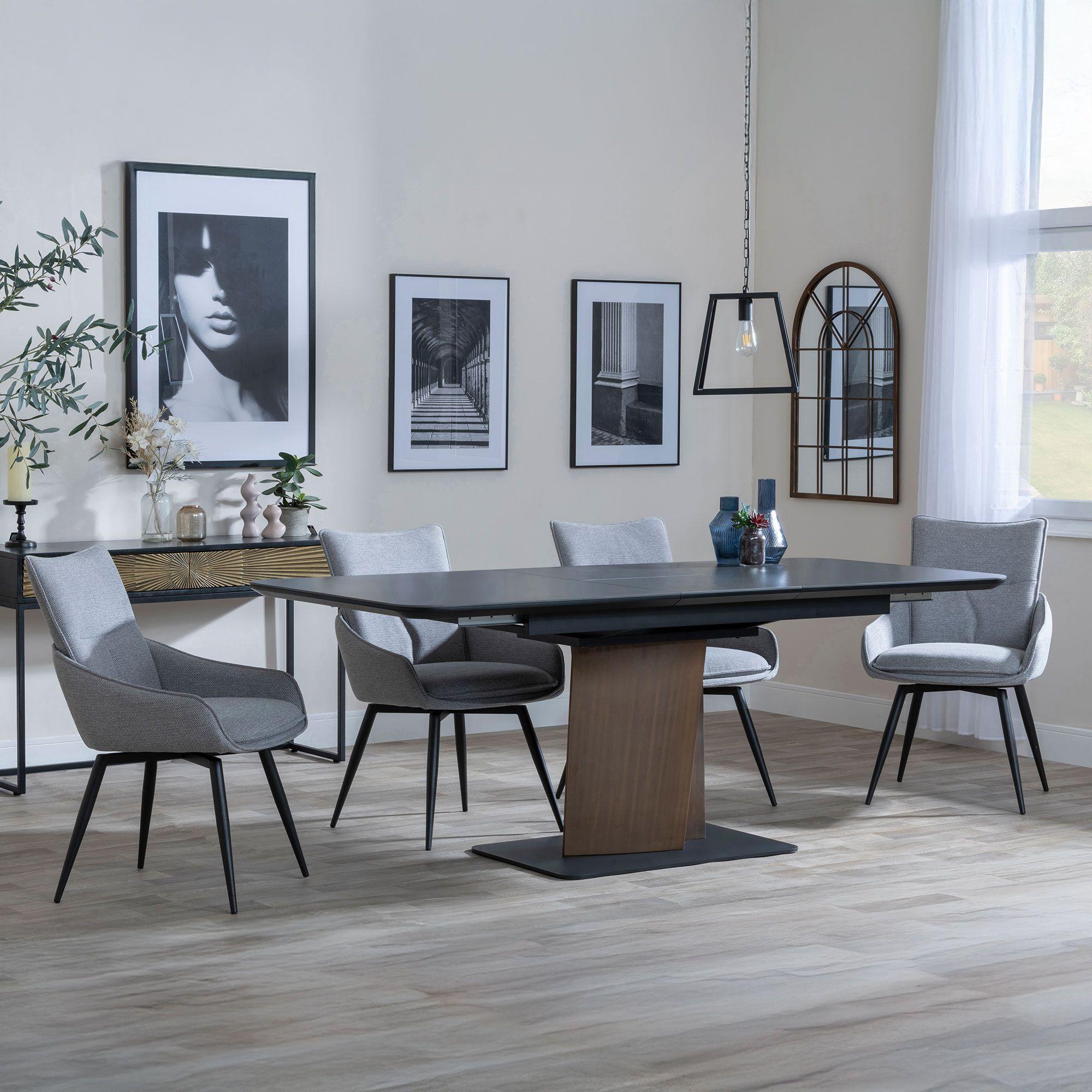 GET 2 CHAIRS FREE - Catalina Black Ceramic Extending Dining Set with Walnut Pedestal Base - Ace Grey Fabric Swivel Dining Chair