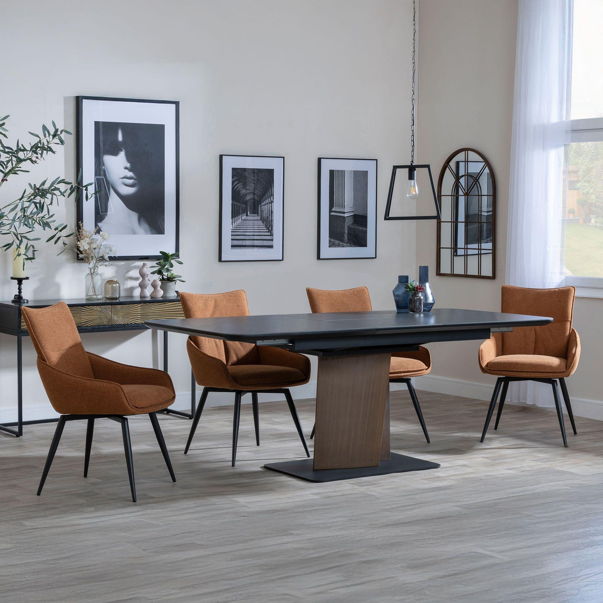 Catalina Black Ceramic Extending Dining Set with Walnut Pedestal Base - Ace Orange Fabric Swivel Dining Chair