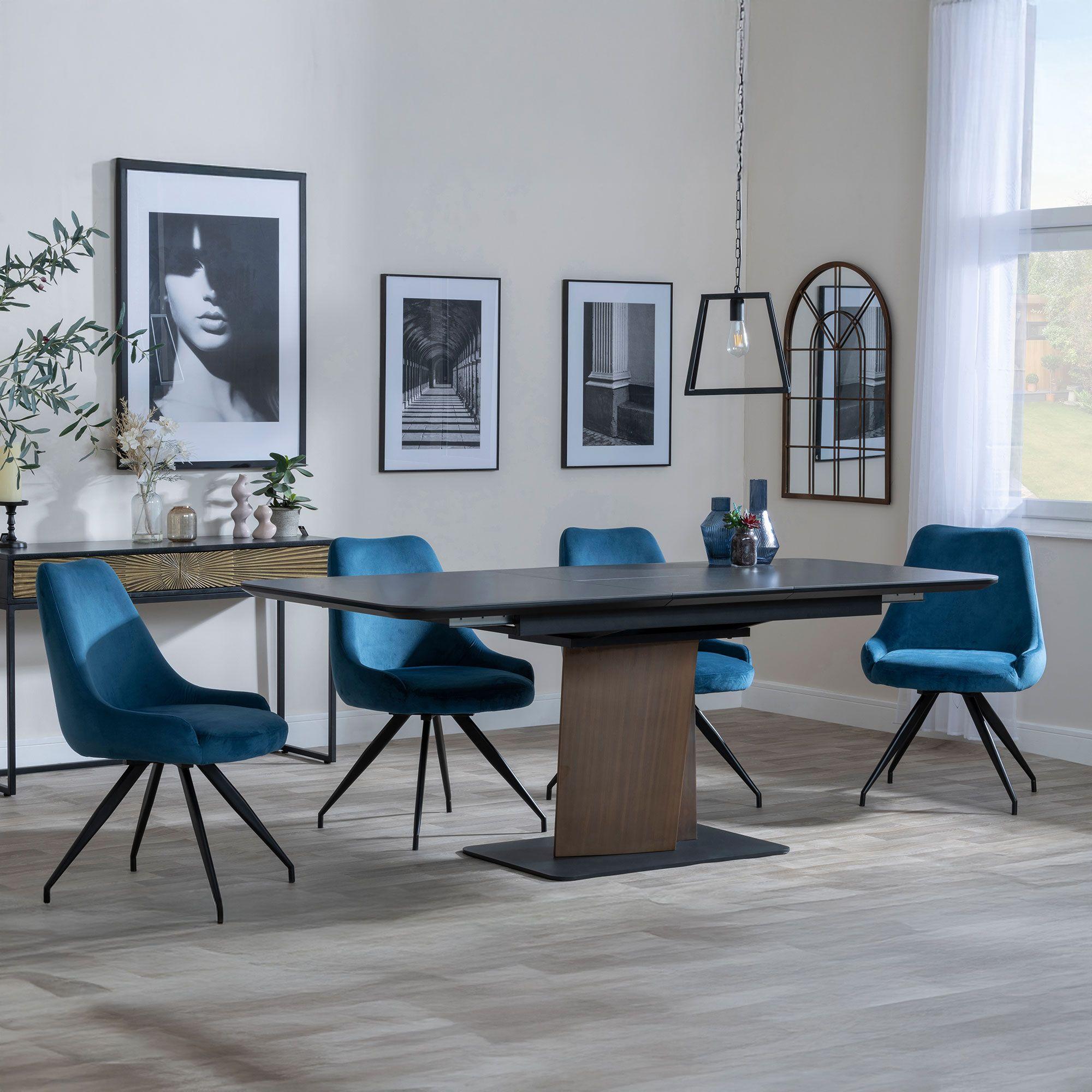 Catalina Black Ceramic Extending Dining Set with Walnut Pedestal Base - Arctic Blue Velvet Fabric Swivel Dining Chair