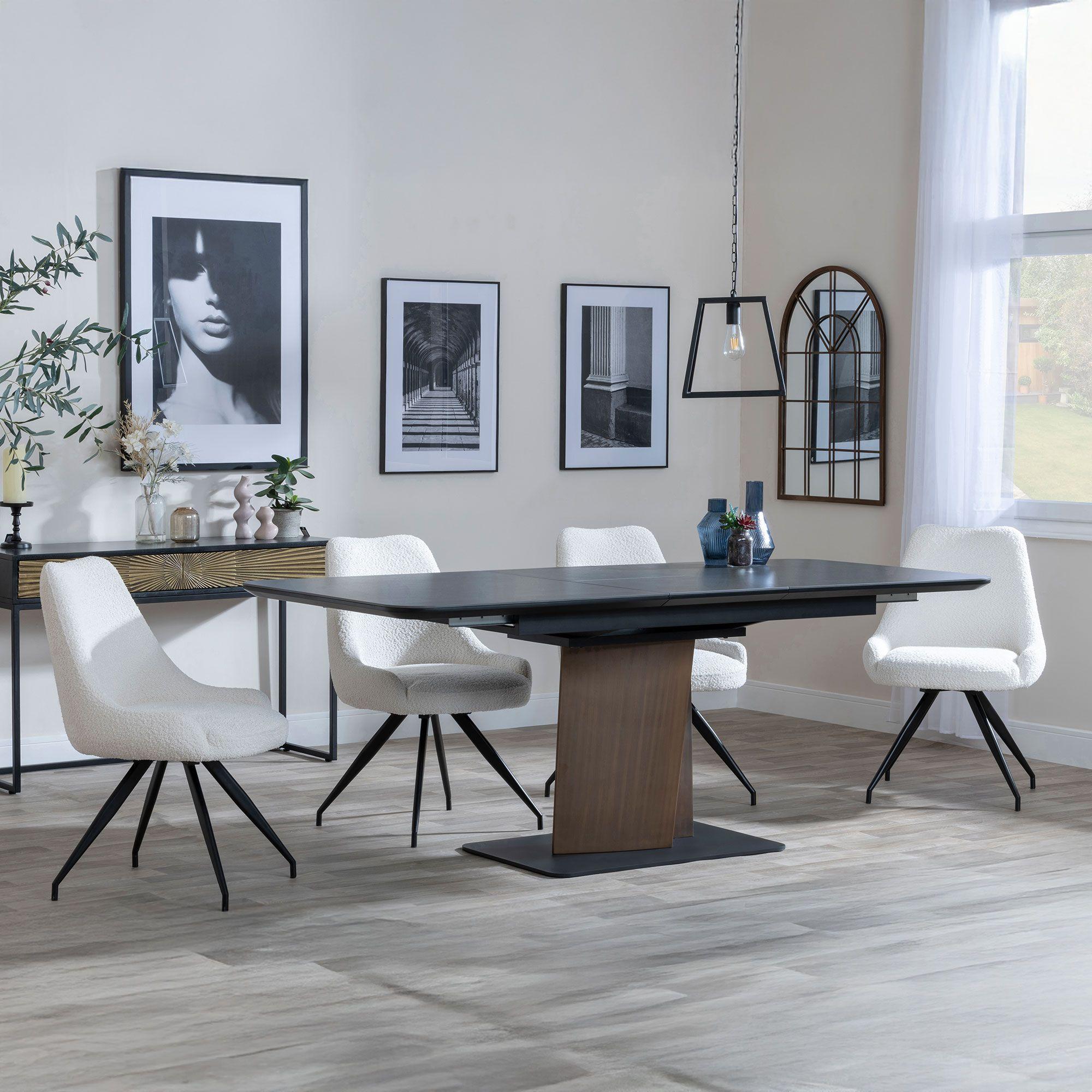 Catalina Black Ceramic Extending Dining Set with Walnut Pedestal Base - Arctic Cream Velvet Fabric Swivel Dining Chair