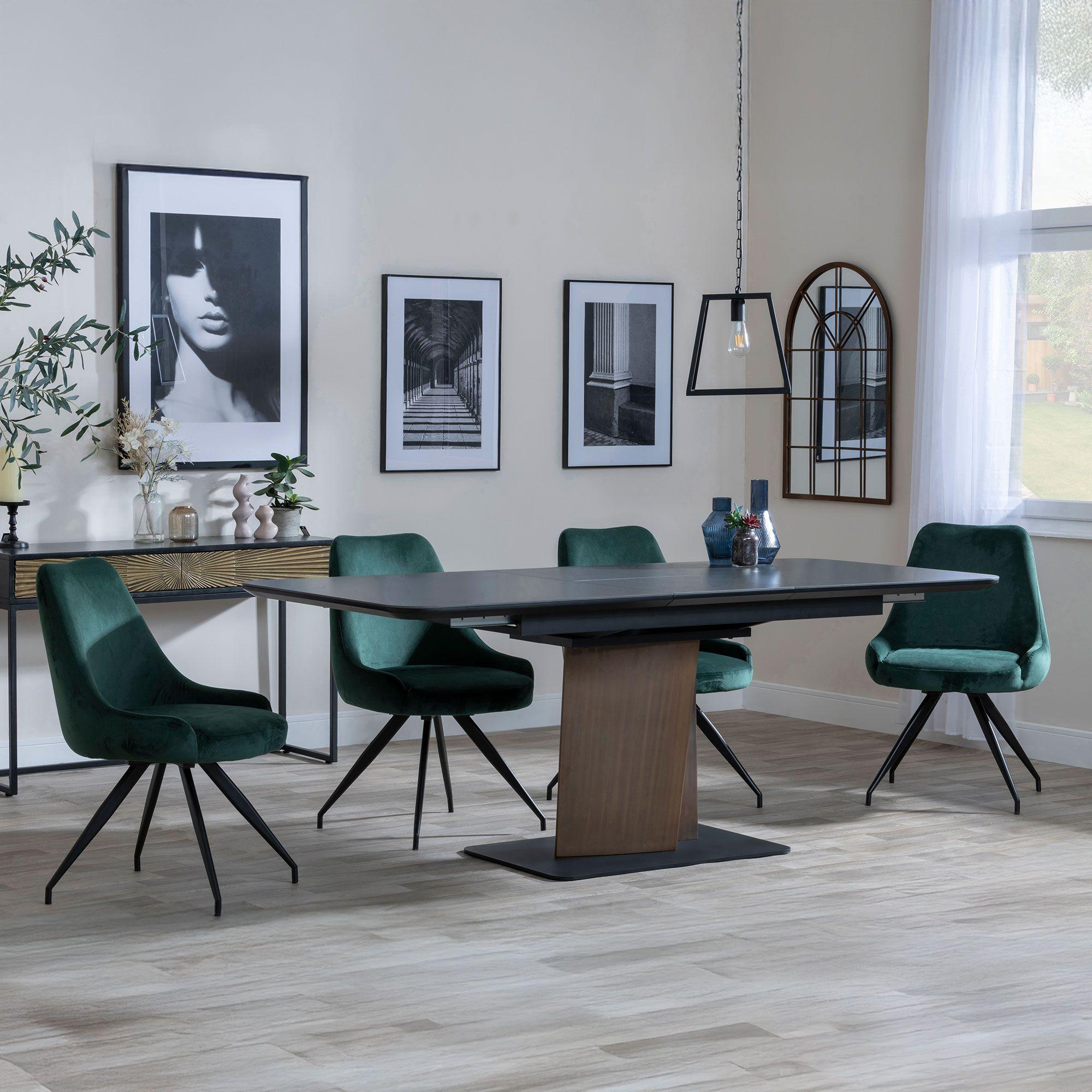 GET 2 CHAIRS FREE - Catalina Black Ceramic Extending Dining Set with Walnut Pedestal Base - Arctic Green Velvet Fabric Swivel Dining Chair