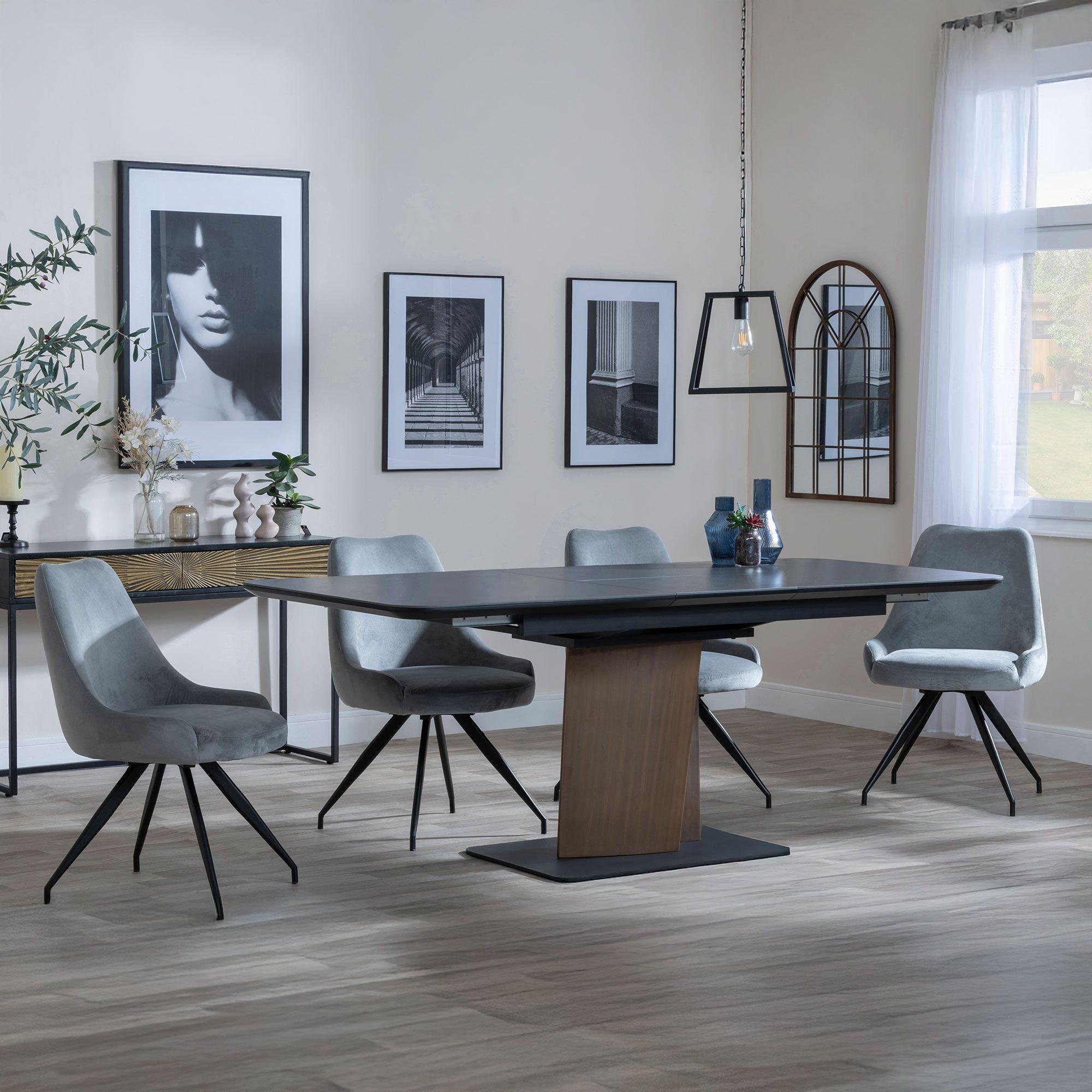 Catalina Black Ceramic Extending Dining Set with Walnut Pedestal Base - Arctic Grey Velvet Fabric Swivel Dining Chair