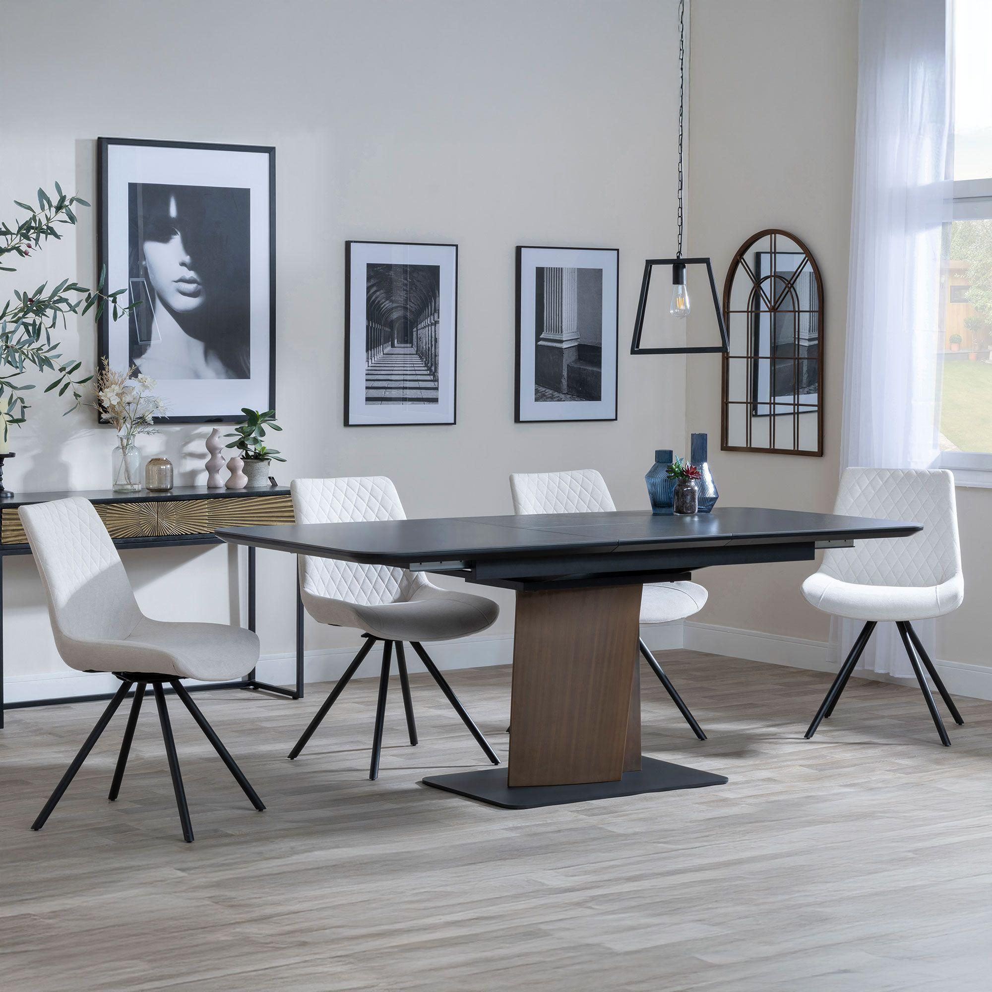 Catalina Black Ceramic Extending Dining Set with Walnut Pedestal Base - Boden Cream Fabric Swivel Dining Chair