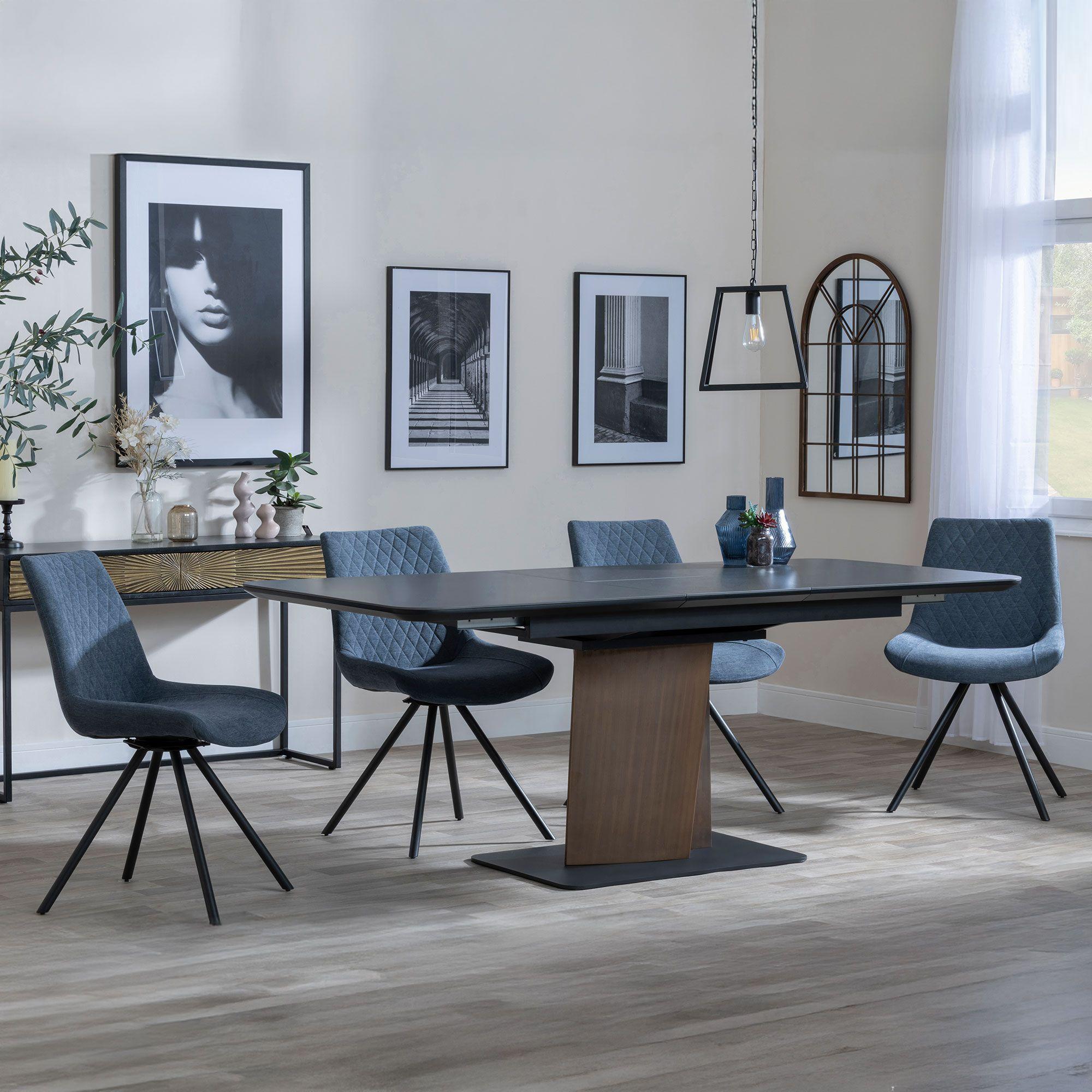 Catalina Black Ceramic Extending Dining Set with Walnut Pedestal Base - Boden Dark Grey Fabric Swivel Dining Chair