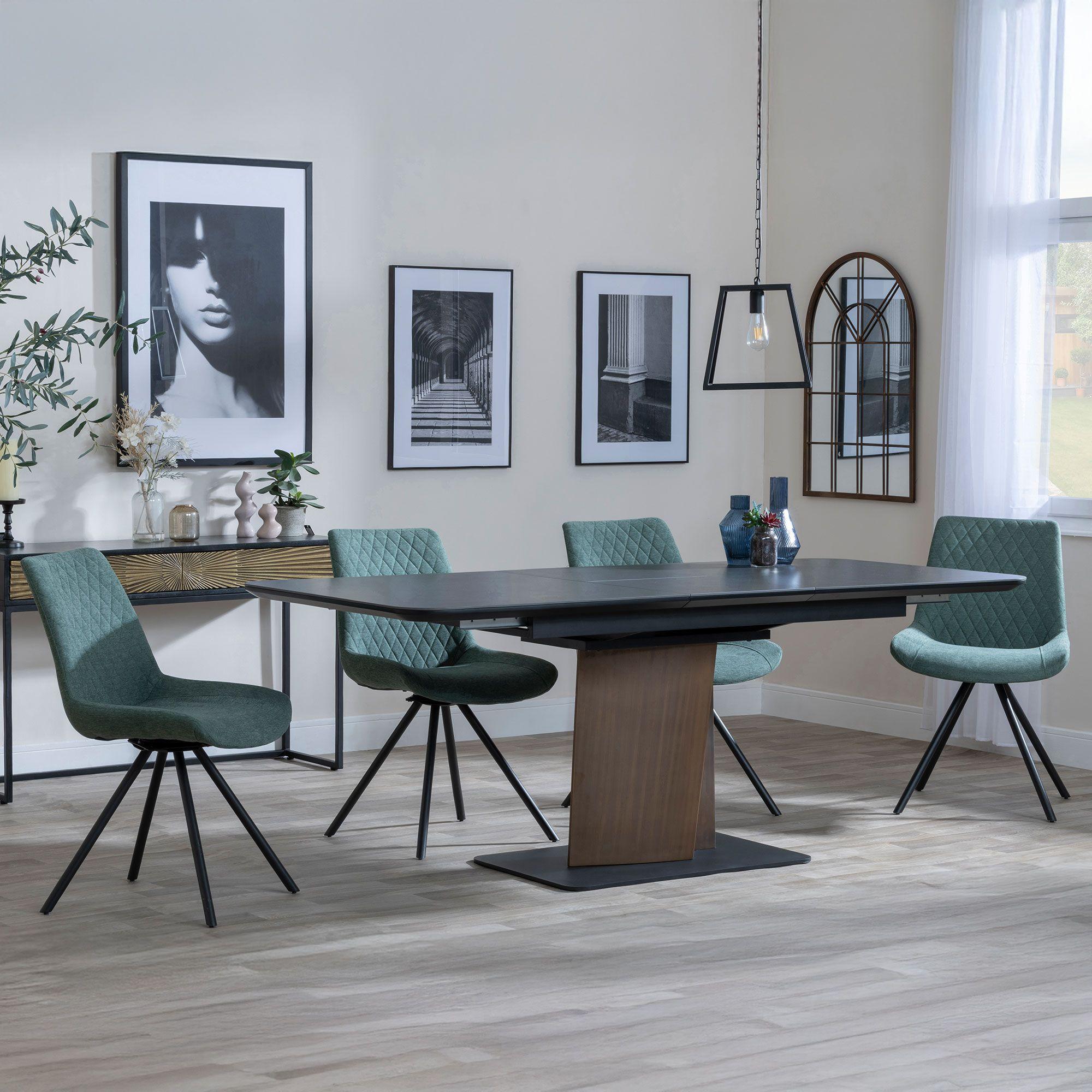 Catalina Black Ceramic Extending Dining Set with Walnut Pedestal Base - Boden Green Fabric Swivel Dining Chair