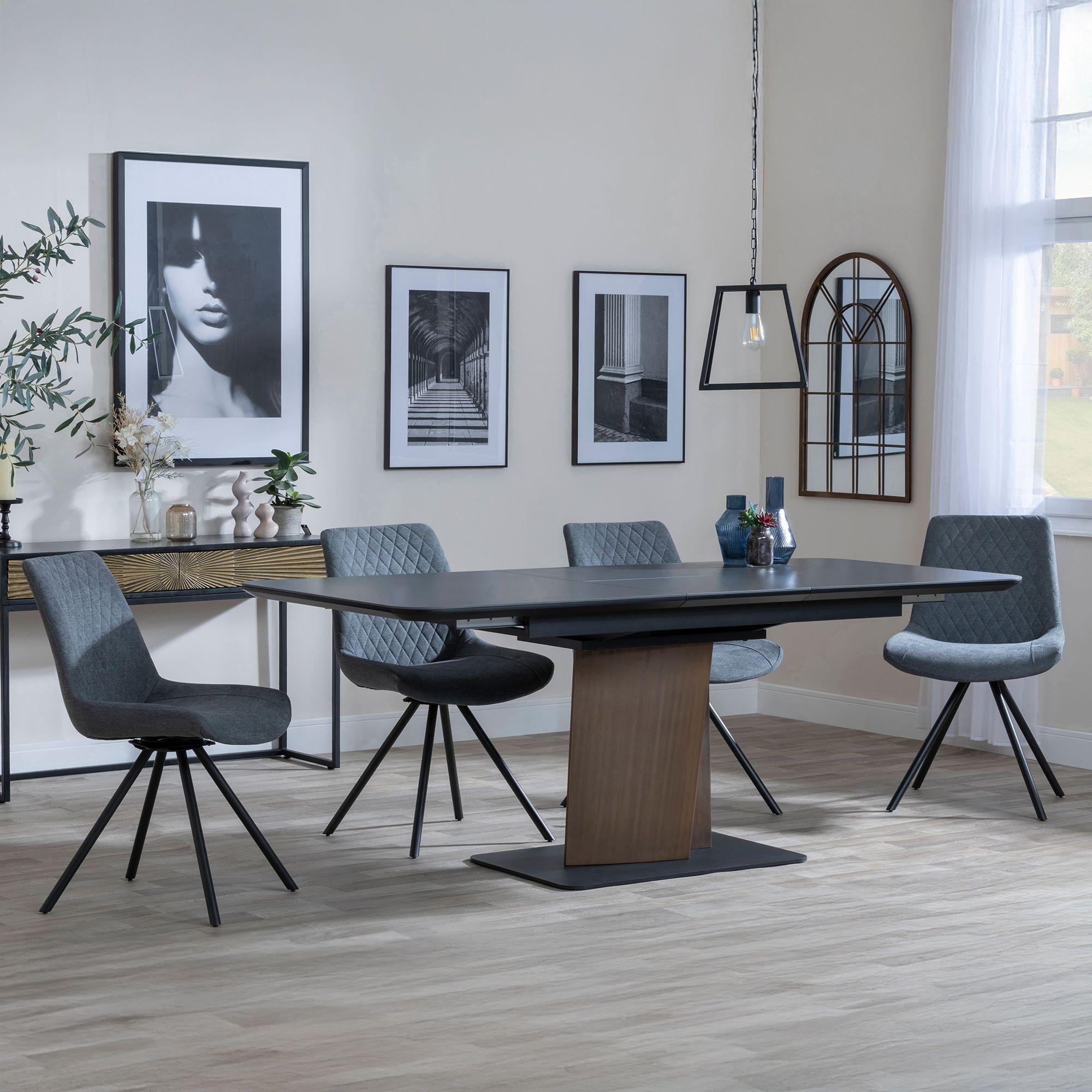 Catalina Black Ceramic Extending Dining Set with Walnut Pedestal Base - Boden Grey Fabric Swivel Dining Chair