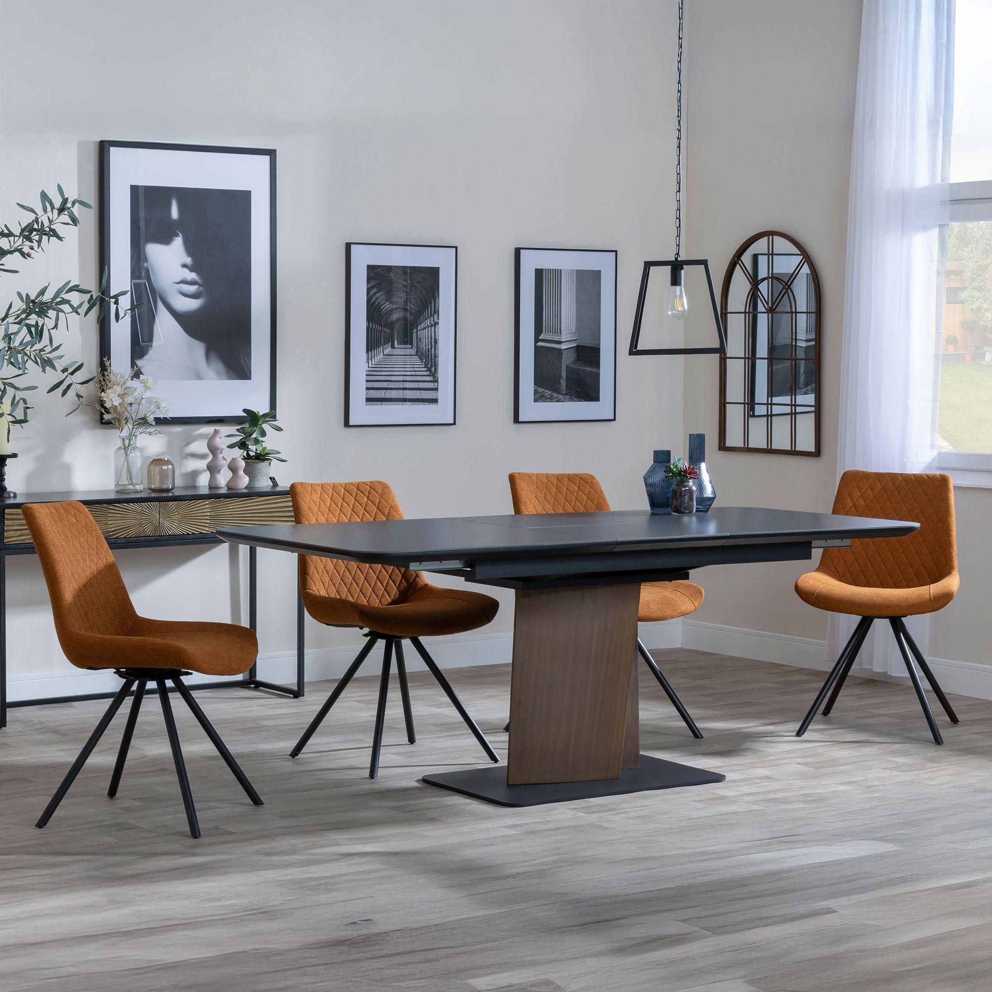 Catalina Black Ceramic Extending Dining Set with Walnut Pedestal Base - Boden Orange Fabric Swivel Dining Chair