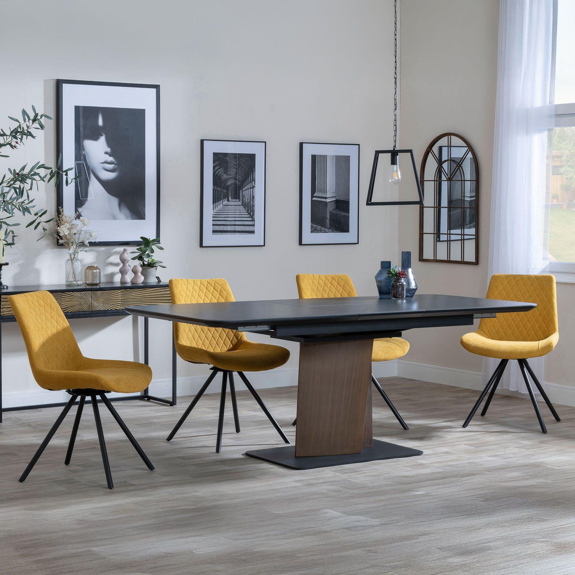 Catalina Black Ceramic Extending Dining Set with Walnut Pedestal Base - Boden Yellow Fabric Swivel Dining Chair