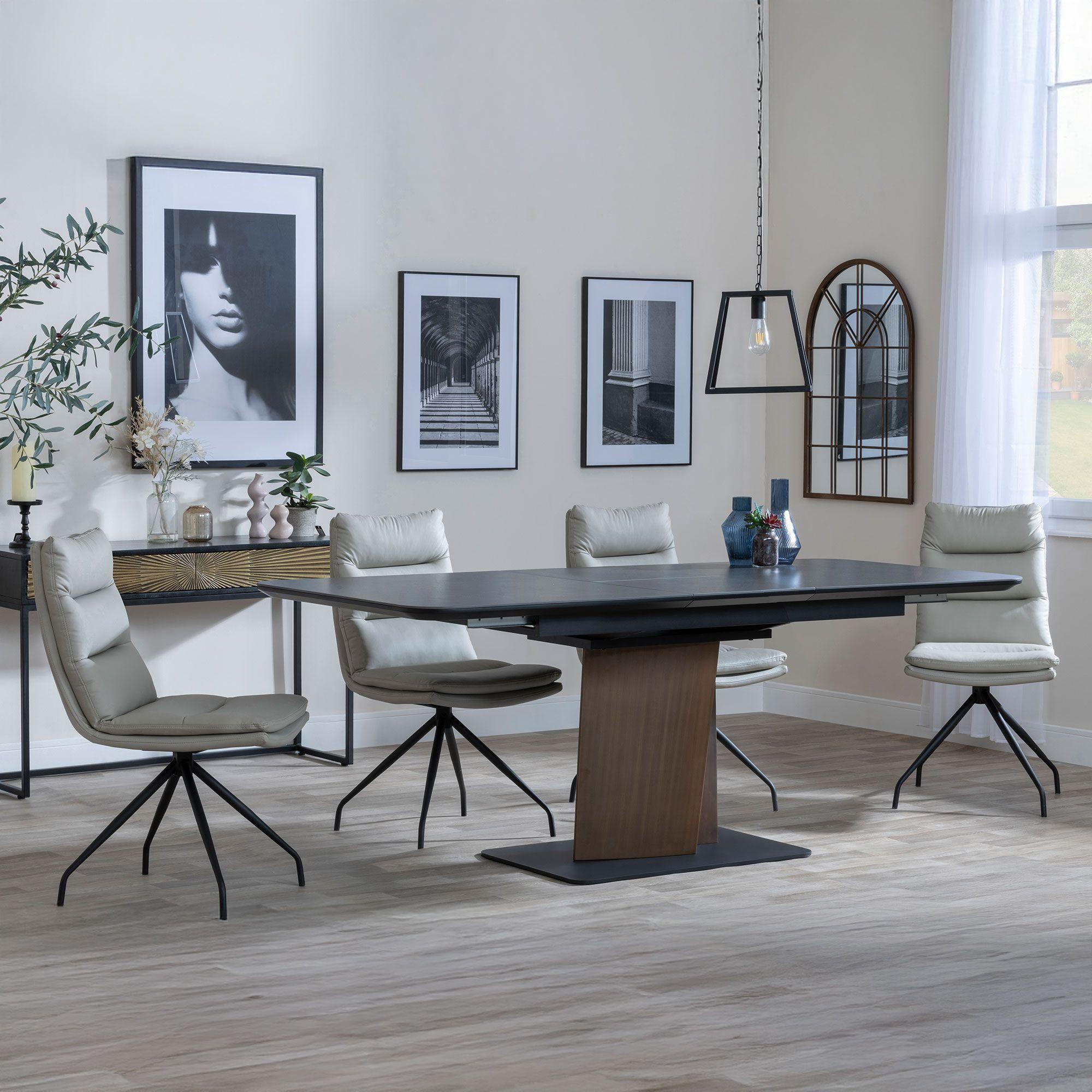 Catalina Black Ceramic Extending Dining Set with Walnut Pedestal Base - Diego Beige Leather Swivel Dining Chair