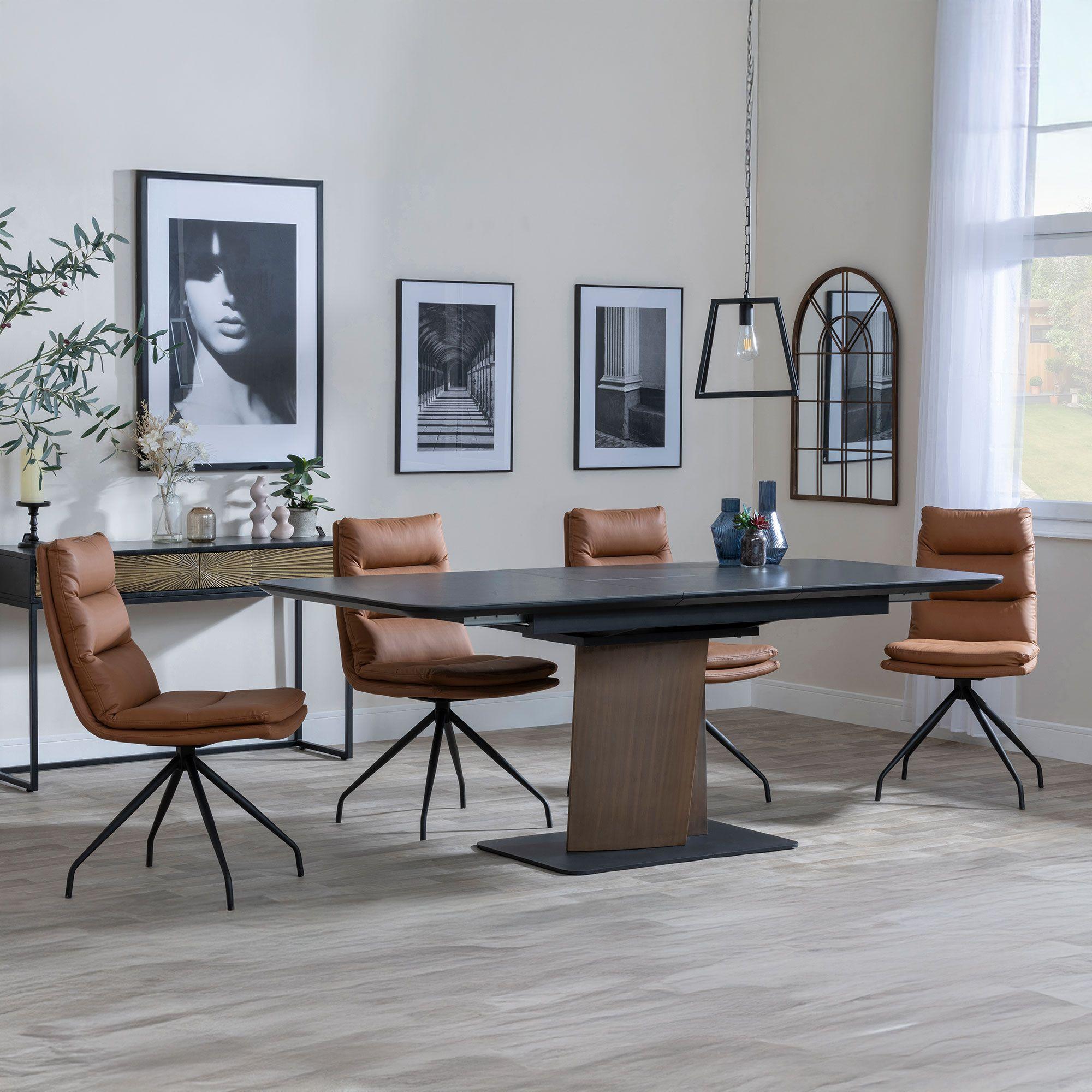 Catalina Black Ceramic Extending Dining Set with Walnut Pedestal Base - Diego Brown Leather Swivel Dining Chair