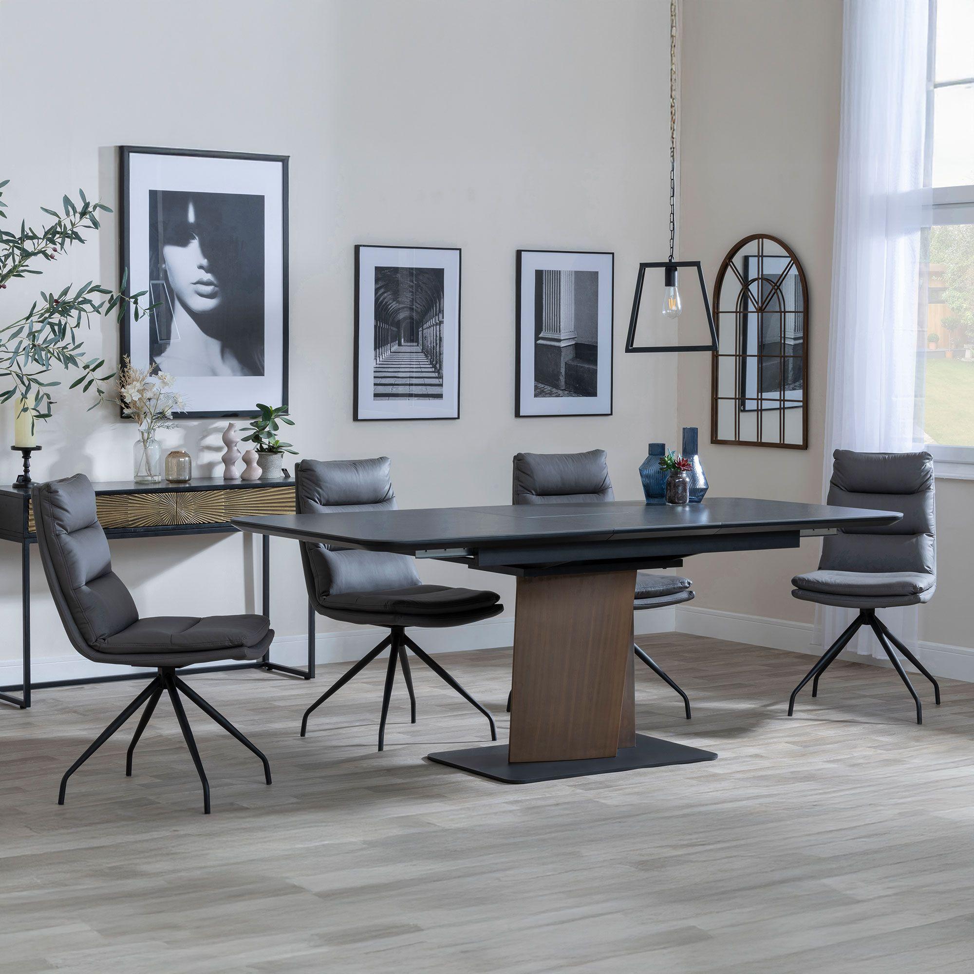 Catalina Black Ceramic Extending Dining Set with Walnut Pedestal Base - Diego Grey Leather Swivel Dining Chair