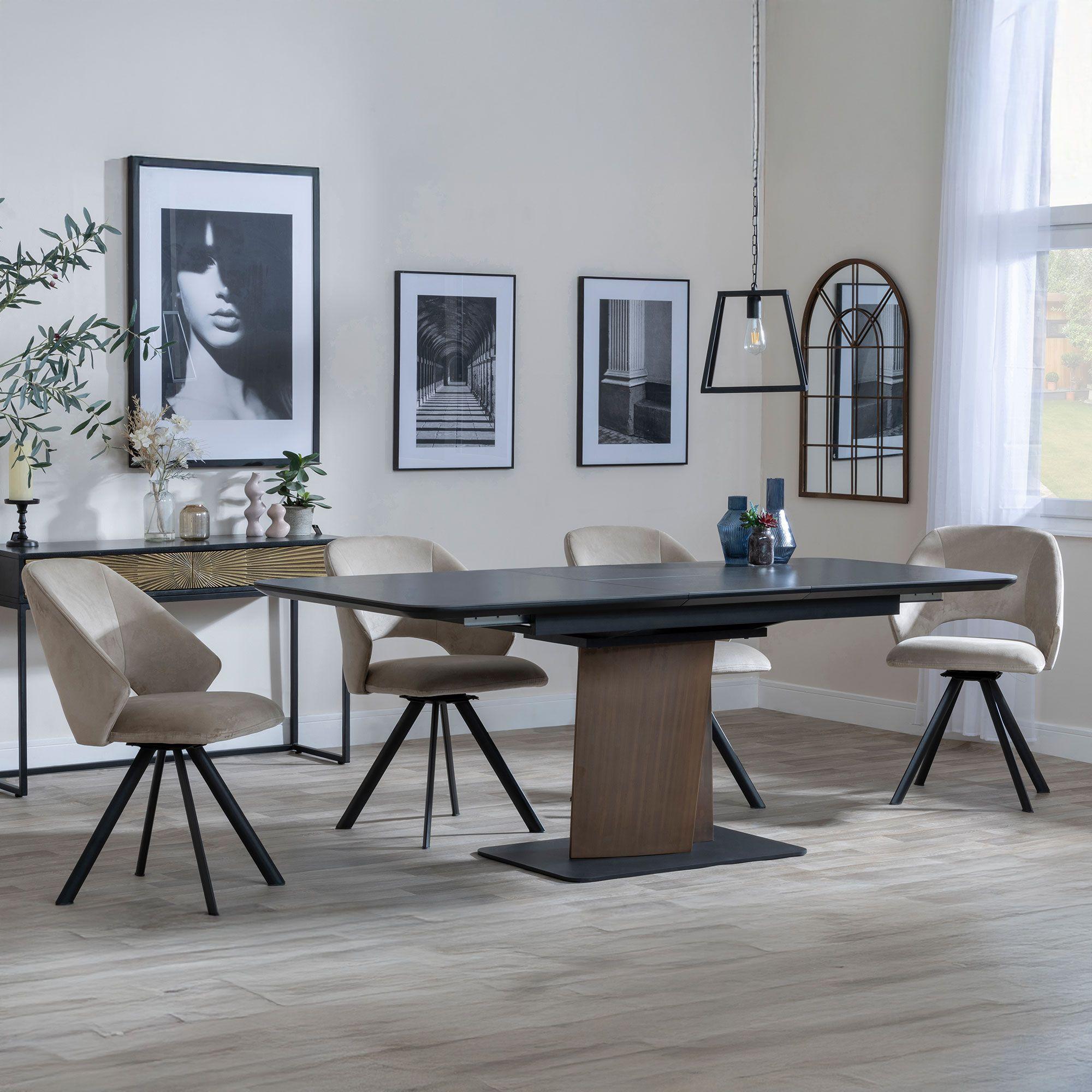 Catalina Black Ceramic Extending Dining Set with Walnut Pedestal Base - Ion Beige Velvet Fabric Swivel Dining Chair