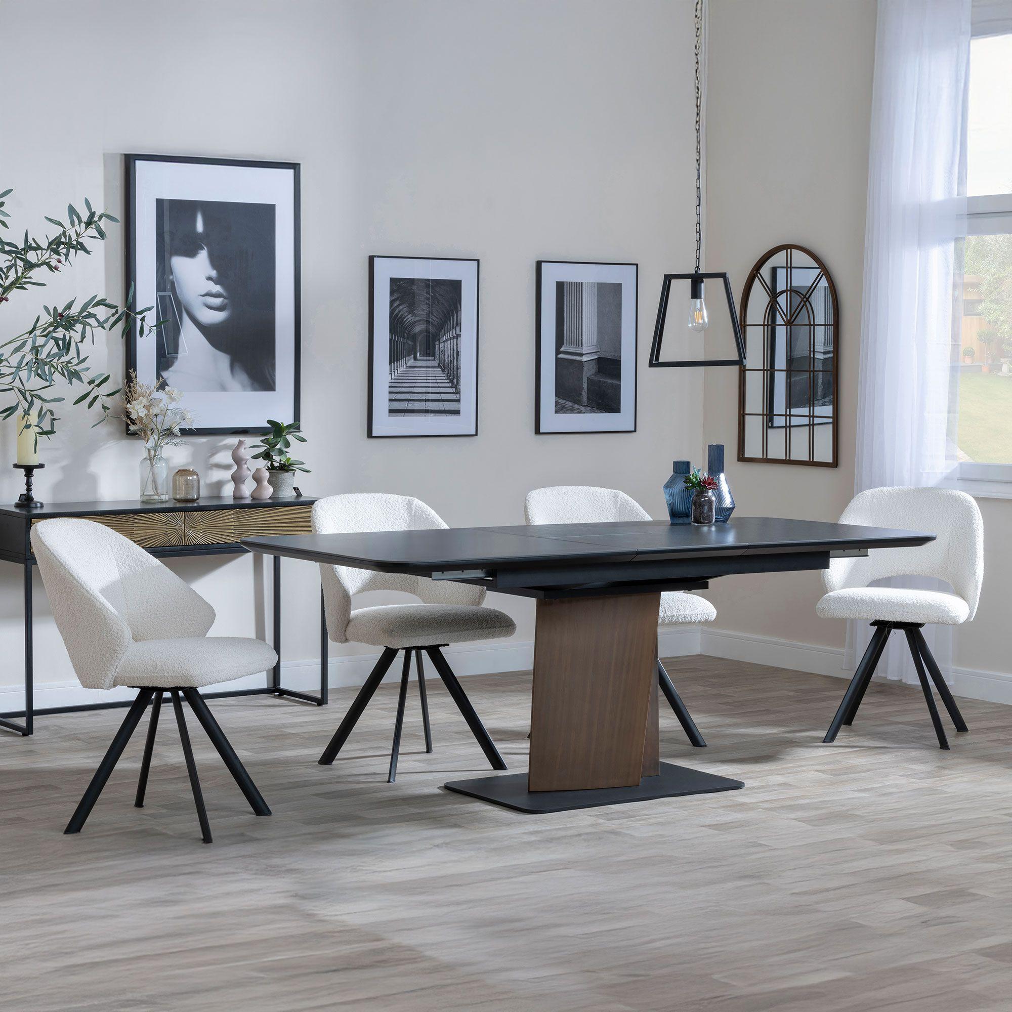 Catalina Black Ceramic Extending Dining Set with Walnut Pedestal Base - Ion Cream Boucle Teddy Fabric Swivel Dining Chair
