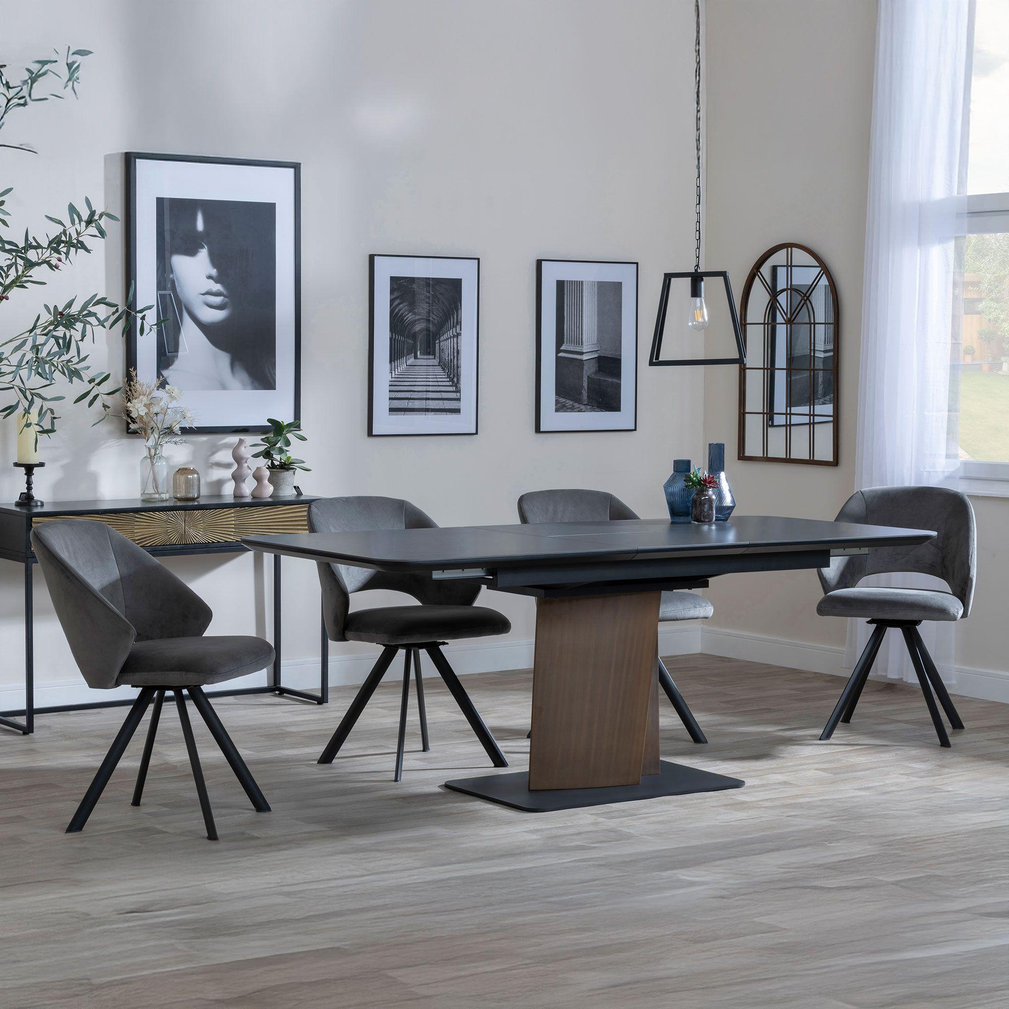 Catalina Black Ceramic Extending Dining Set with Walnut Pedestal Base - Ion Dark Grey Velvet Fabric Swivel Dining Chair