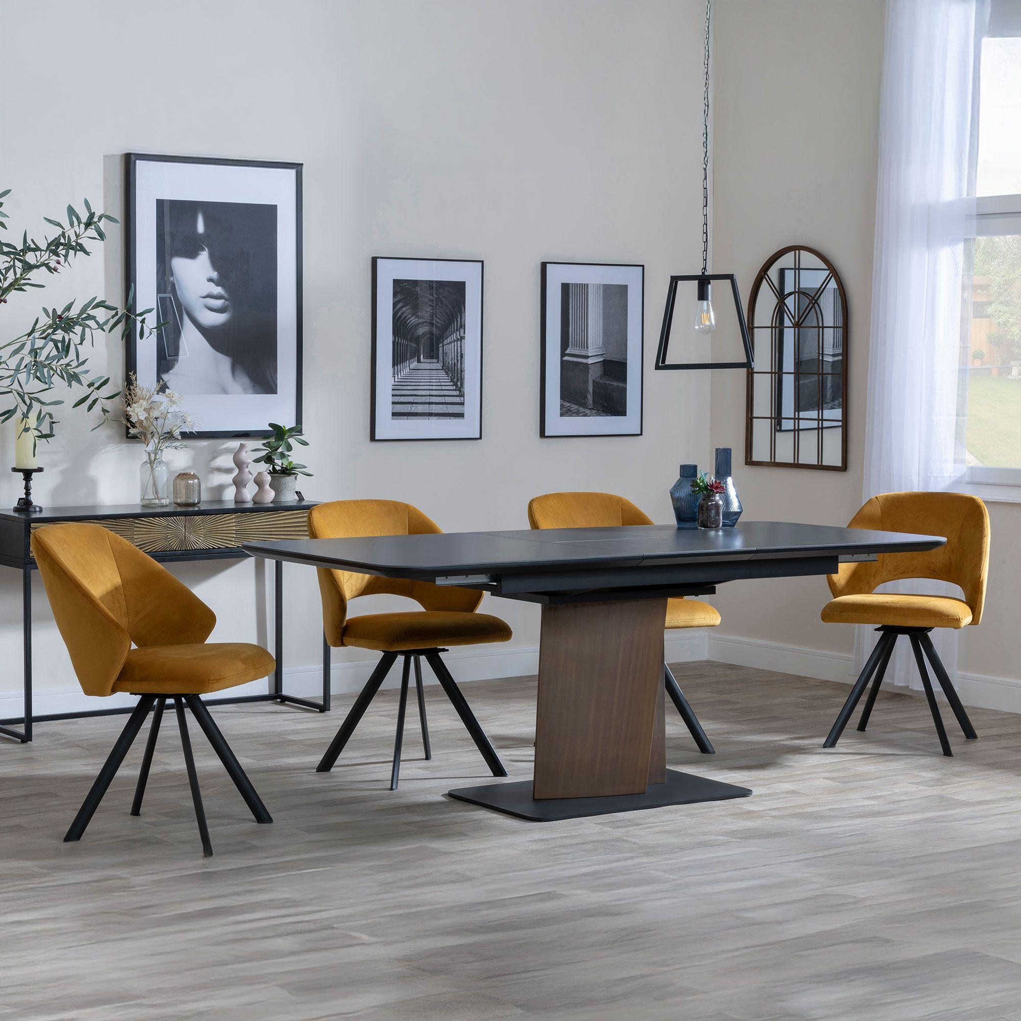 Catalina Black Ceramic Extending Dining Set with Walnut Pedestal Base - Ion Mustard Velvet Fabric Swivel Dining Chair