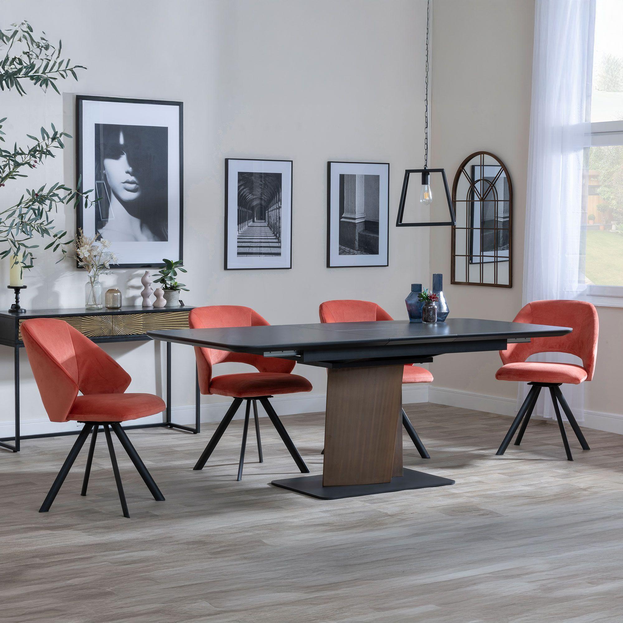 Catalina Black Ceramic Extending Dining Set with Walnut Pedestal Base - Ion Orange Velvet Fabric Swivel Dining Chair