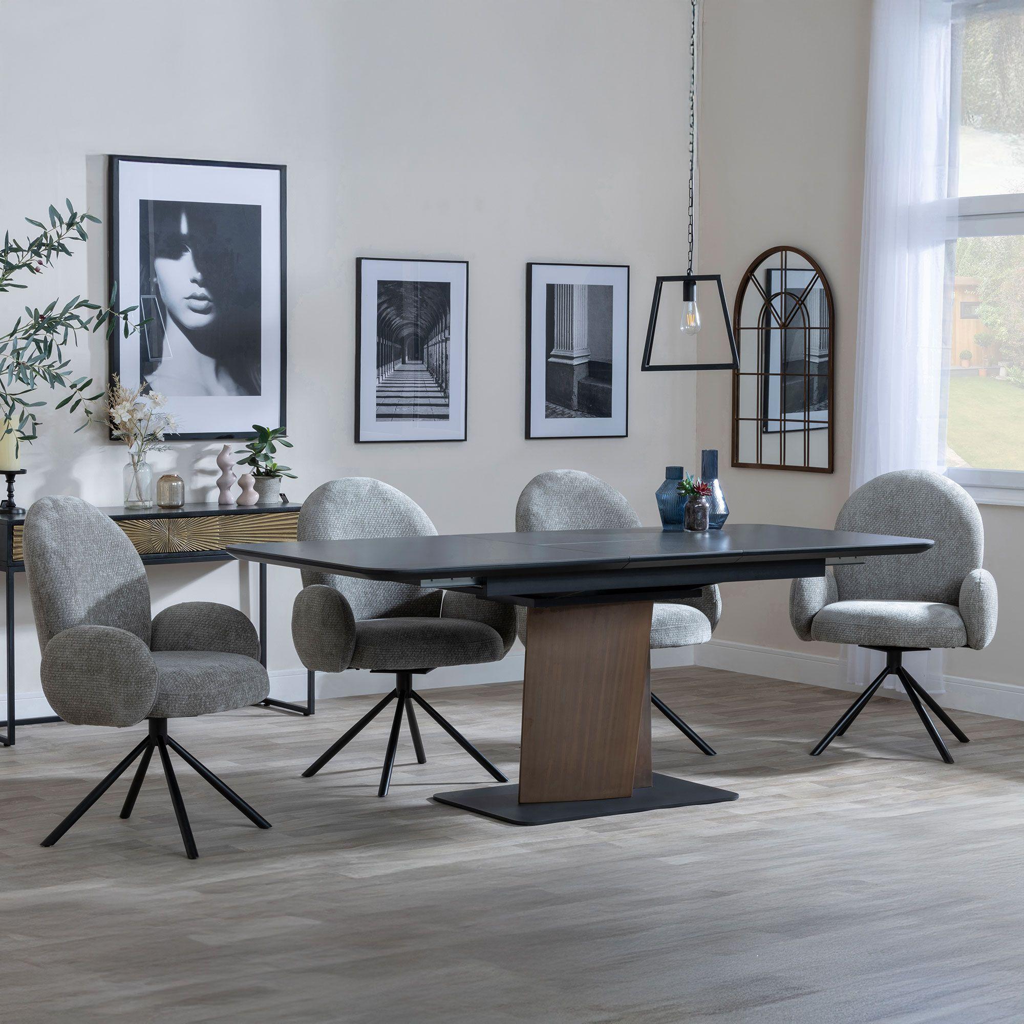 Catalina Black Ceramic Extending Dining Set with Walnut Pedestal Base - Theo Dark Grey Fabric Swivel Dining Chair