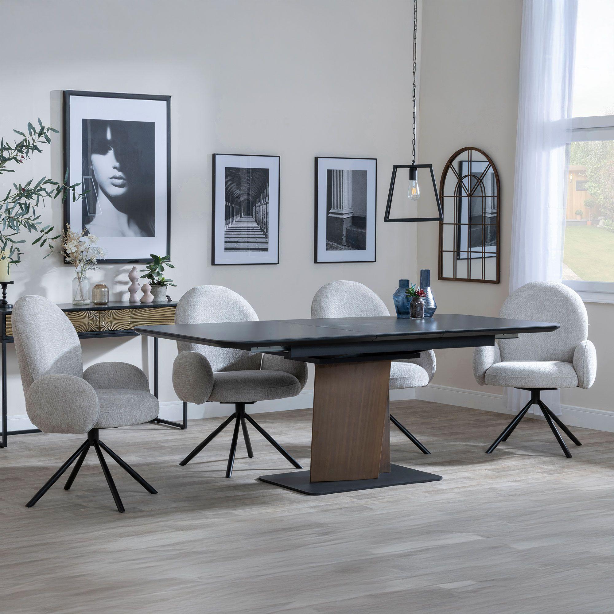 Catalina Black Ceramic Extending Dining Set with Walnut Pedestal Base - Theo Grey Fabric Swivel Dining Chair
