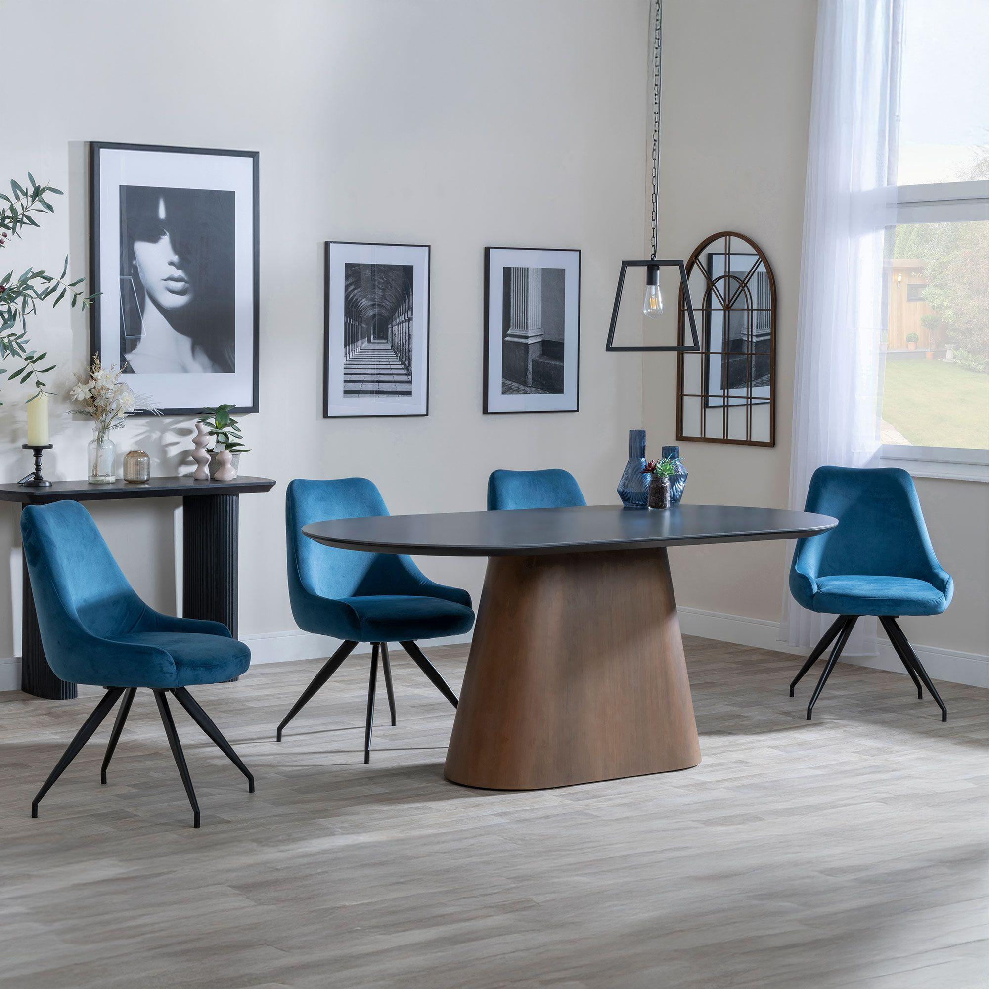 Danetti Dark Grey Ceramic Oval Dining Set with Walnut Pedestal Base - Arctic Blue Velvet Fabric Swivel Dining Chair