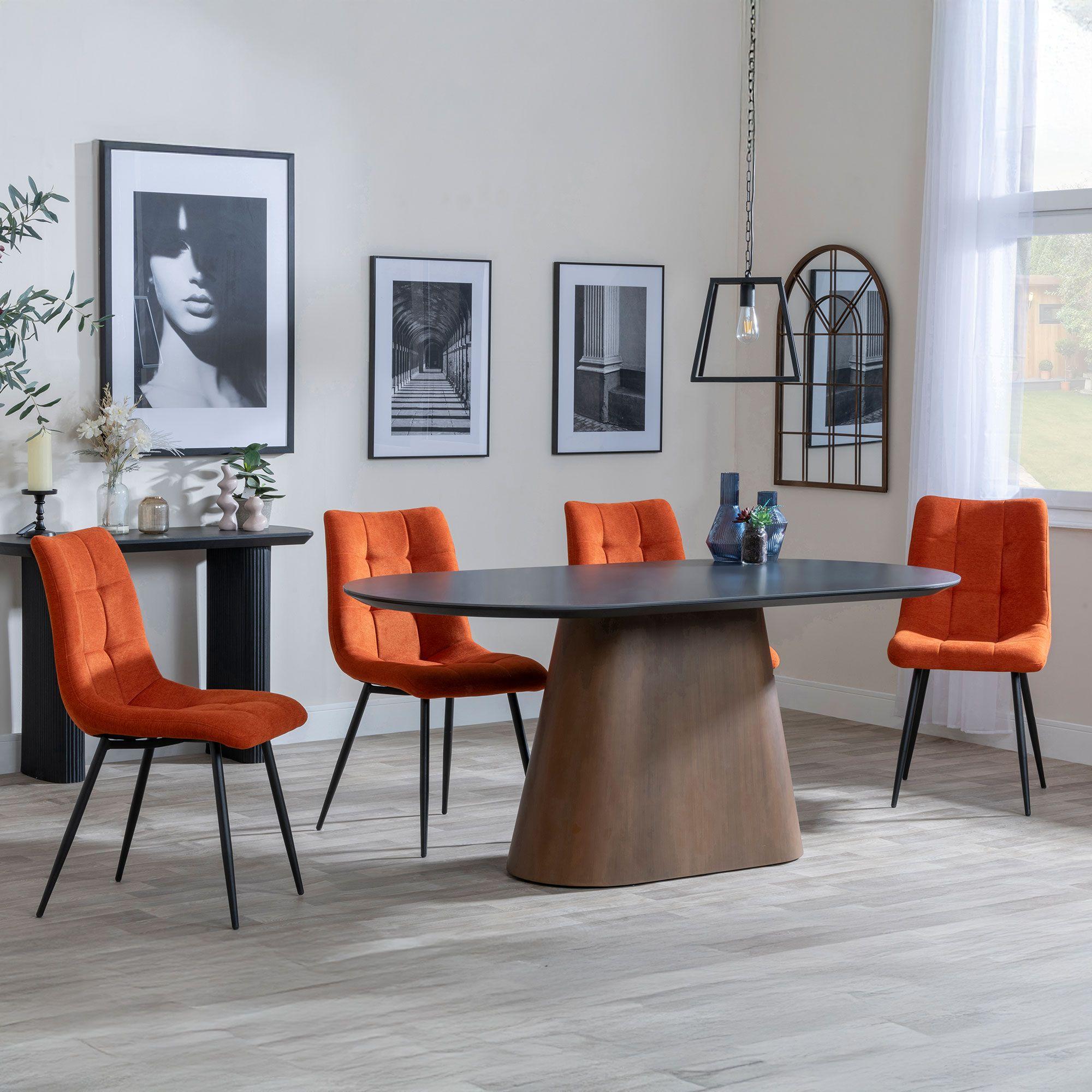 Danetti Dark Grey Ceramic Oval Dining Set with Walnut Pedestal Base - Corona Orange Fabric Dining Chair