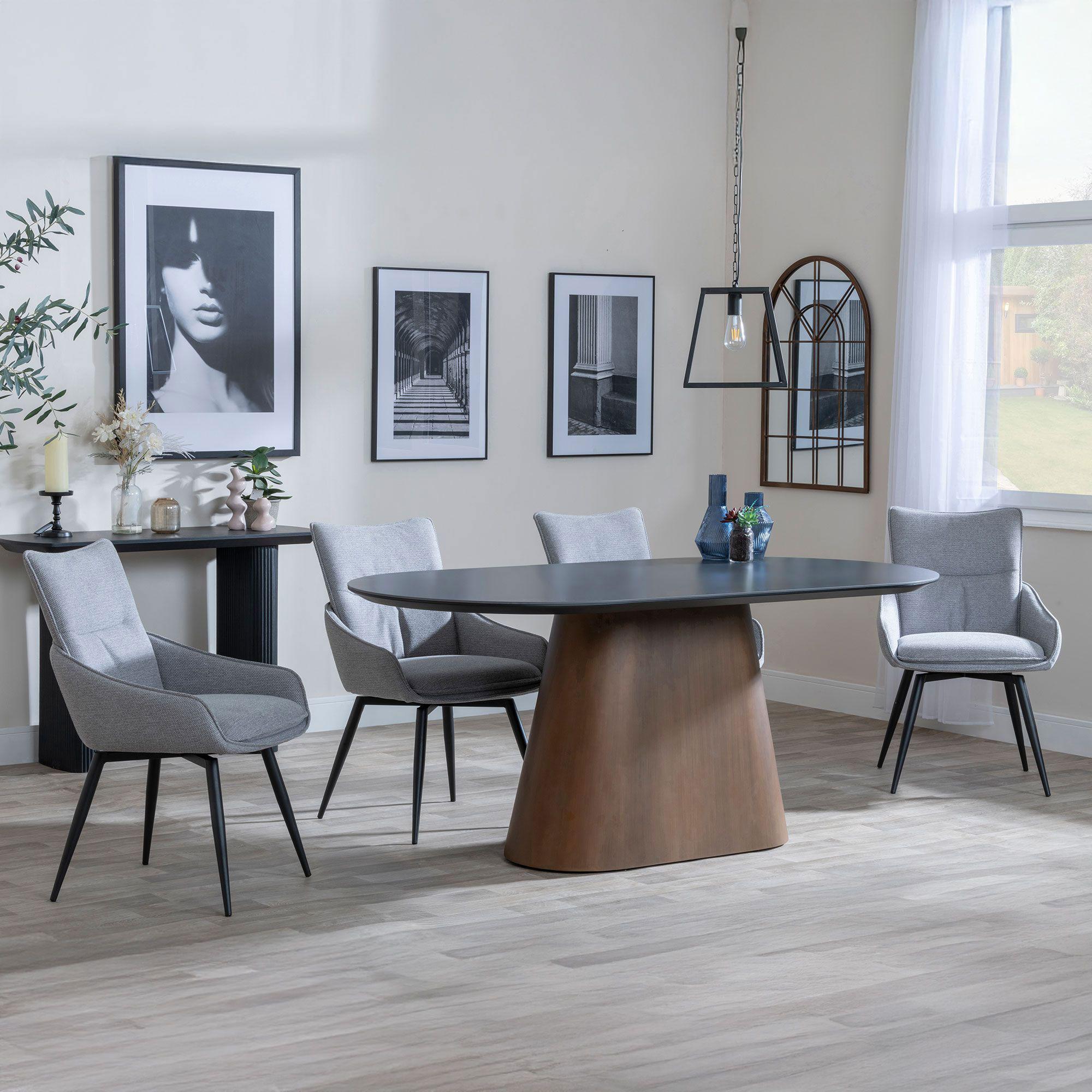 Danetti Dark Grey Ceramic Oval Dining Set with Walnut Pedestal Base - Ace Grey Fabric Swivel Dining Chair