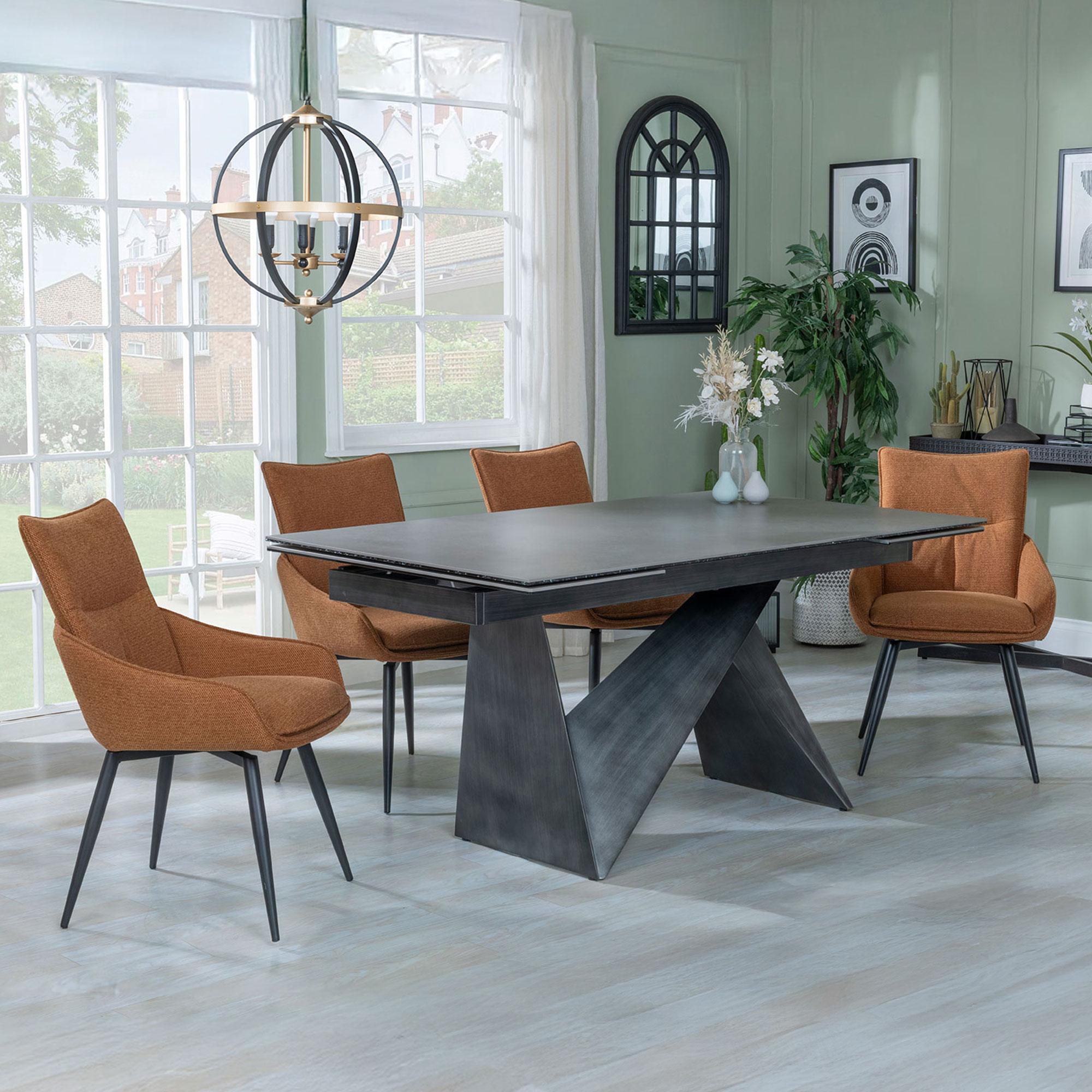 GET 2 CHAIRS FREE - Garvin Dark Grey Ceramic Extending Dining Set - Ace Orange Fabric Swivel Dining Chair