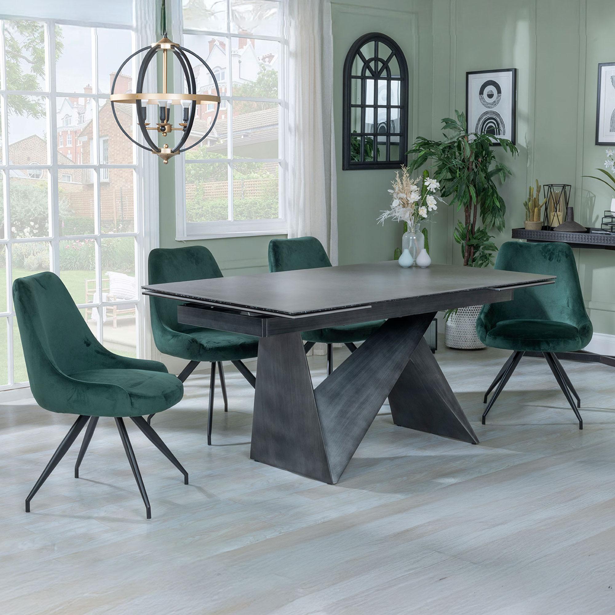 GET 2 CHAIRS FREE - Garvin Dark Grey Ceramic Extending Dining Set - Arctic Green Velvet Fabric Swivel Dining Chair