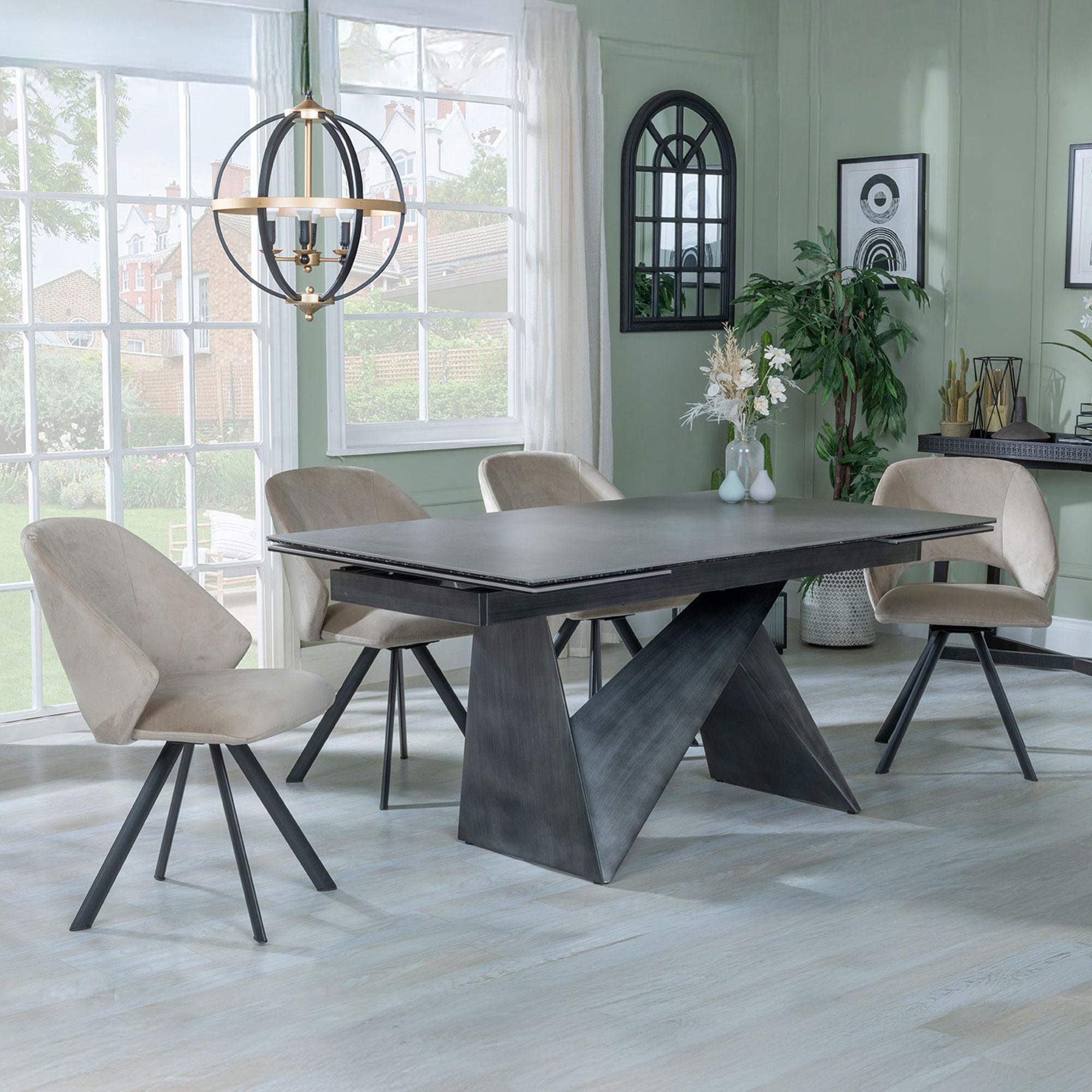GET 2 CHAIRS FREE - Garvin Dark Grey Ceramic Extending Dining Set - Ion Beige Velvet Fabric Swivel Dining Chair