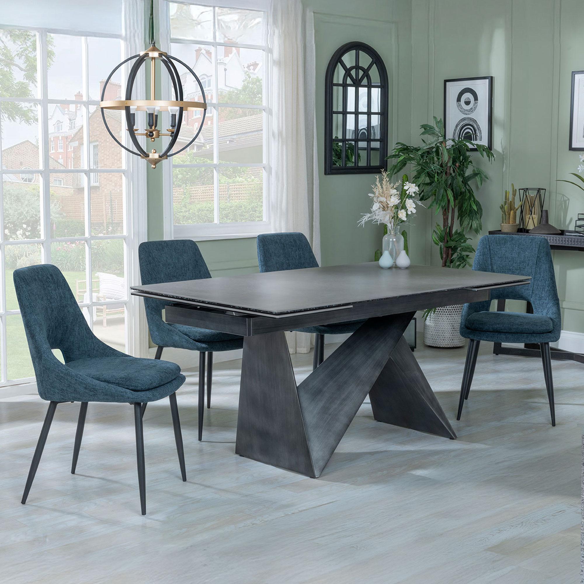 GET 2 CHAIRS FREE - Garvin Dark Grey Ceramic Extending Dining Set - Peyton Blue Fabric Dining Chair