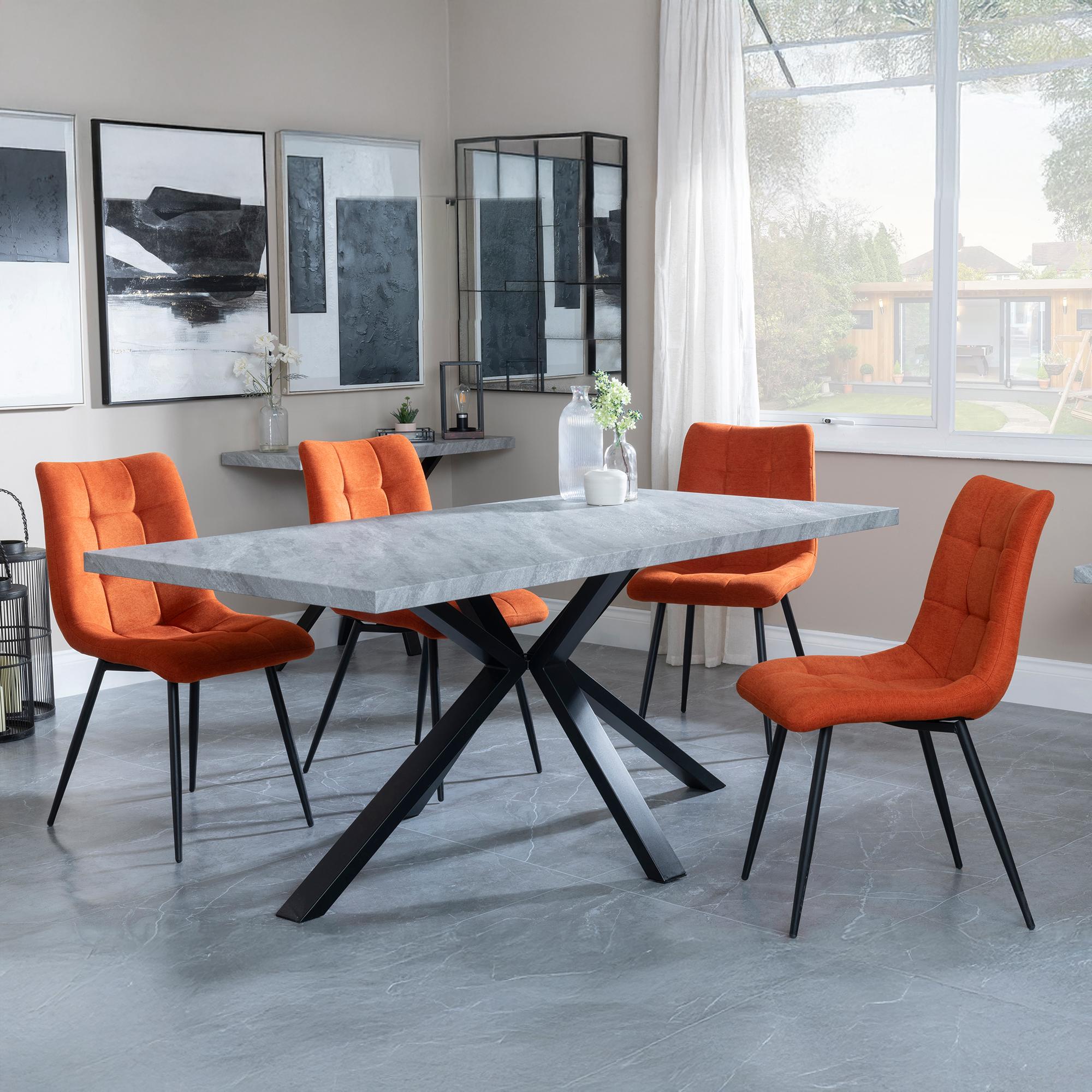 Bronx Grey Concrete Effect Dining Set with Spider Legs Corona Orange Fabric Dining Chair CFS UK