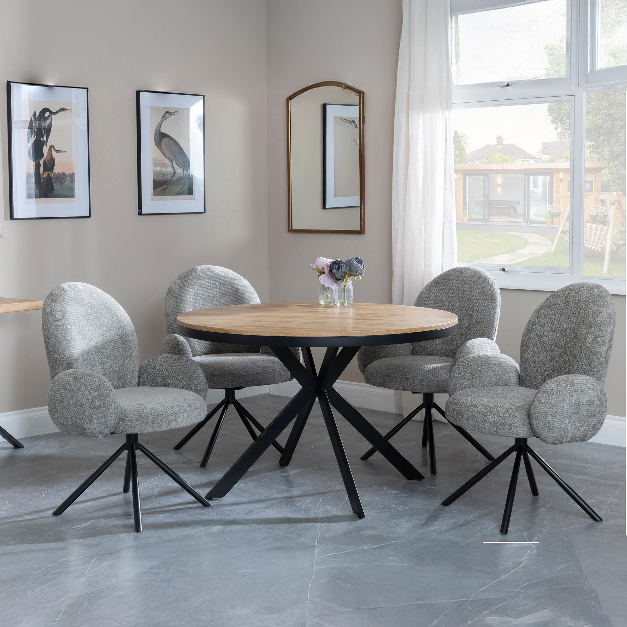 Ezra Oak 4 Seater Round Dining Set with Black Spider Legs - 4 Theo Dark Grey Fabric Swivel Dining Chair