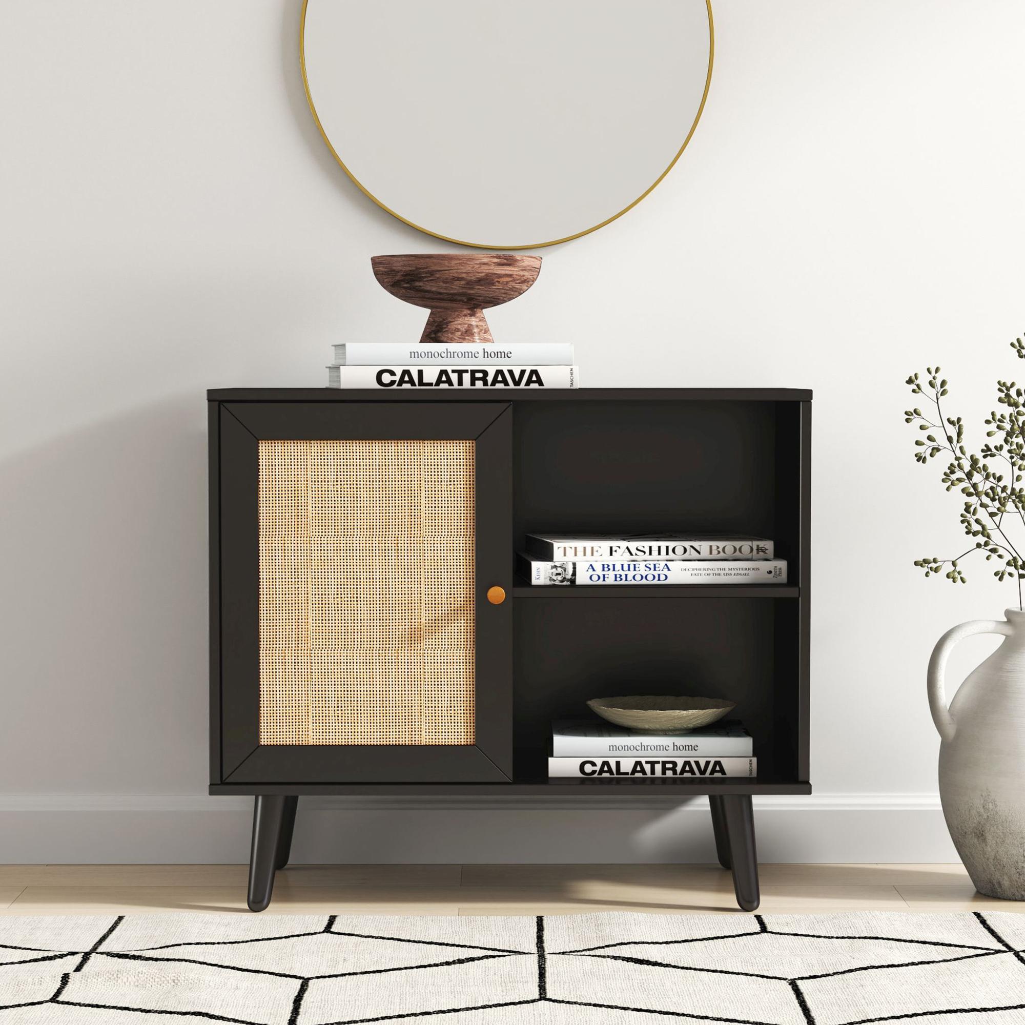 Ferrero Black and Woven Rattan 1 Door Cabinet