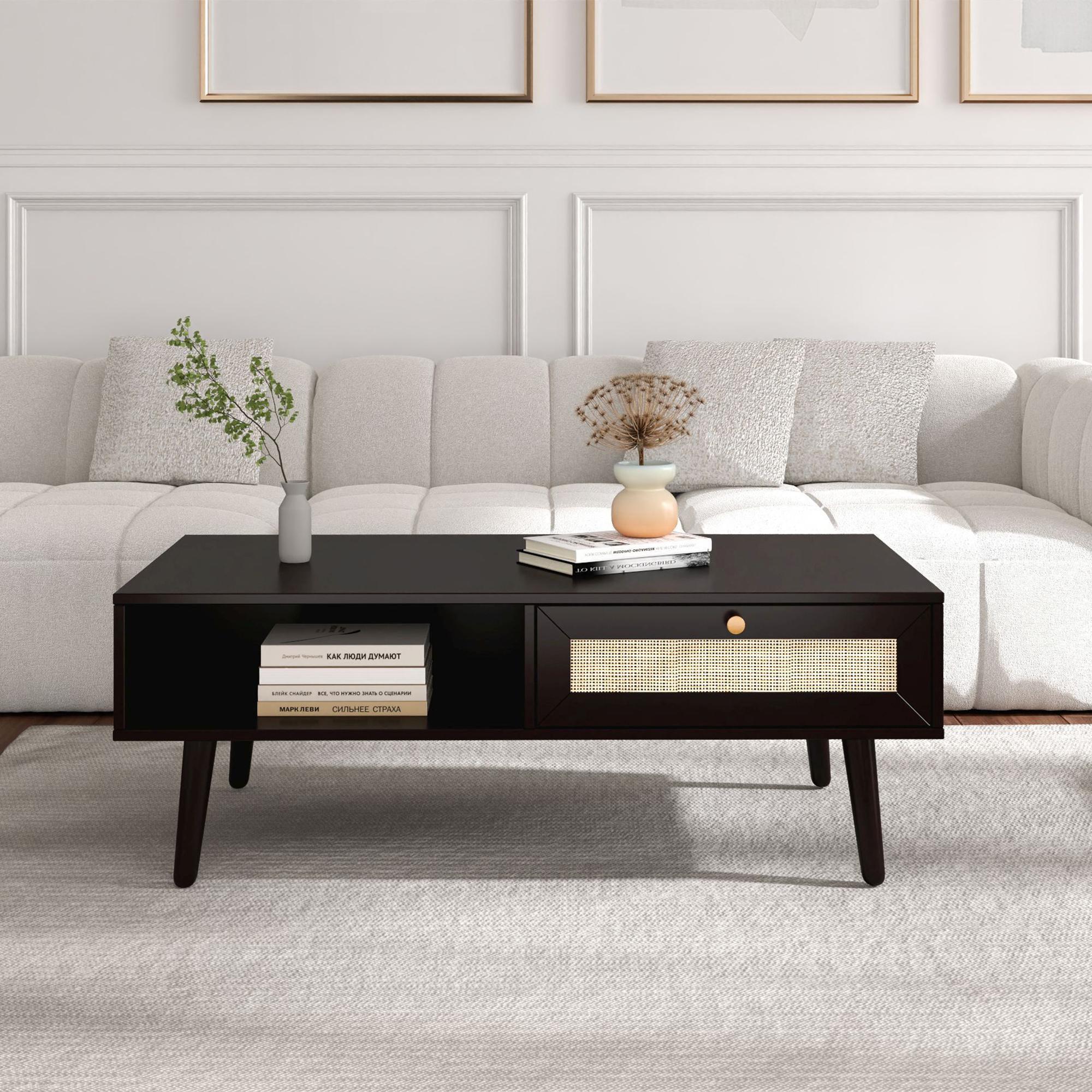 Ferrero Black and Woven Rattan 1 Drawer Coffee Table