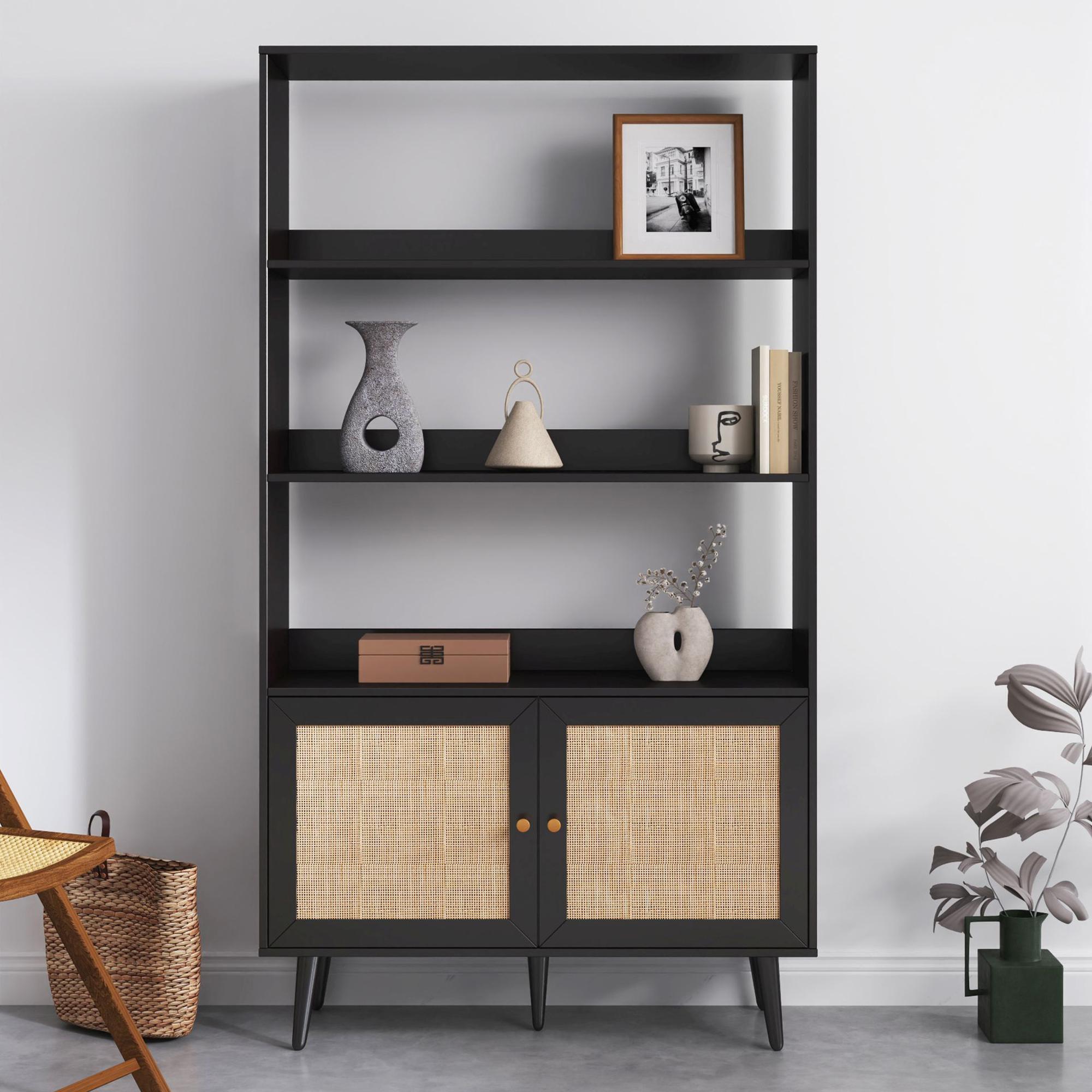 Ferrero Black and Woven Rattan Open Shelving Unit with Cupboard