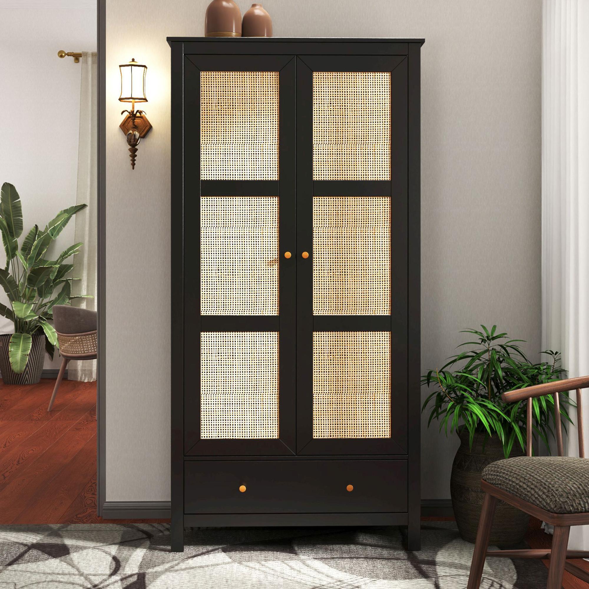 Ferrero Black and Woven Rattan 2 Door 1 Drawer Wardrobe