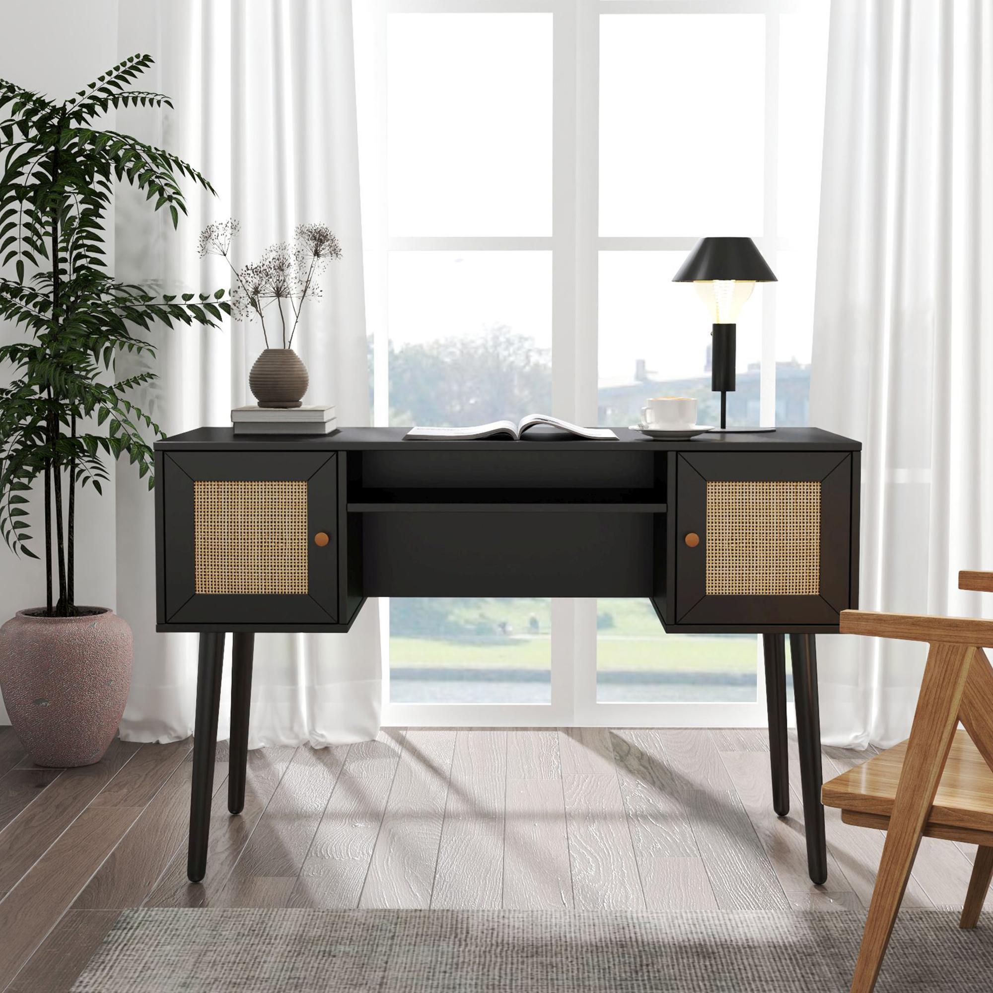 Clearance - Ferrero Black and Woven Rattan 2 Door Desk