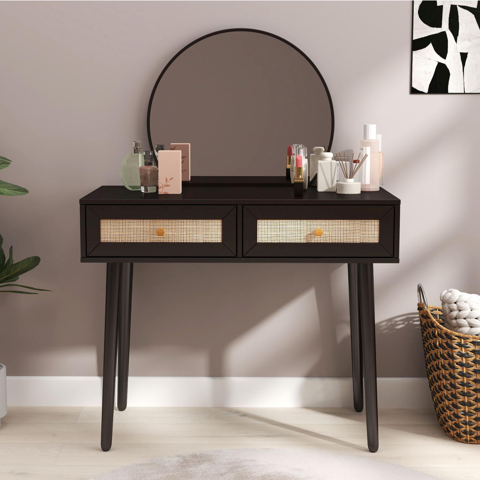 Ferrero Black and Woven Rattan 2 Drawer Dressing Table with Mirror