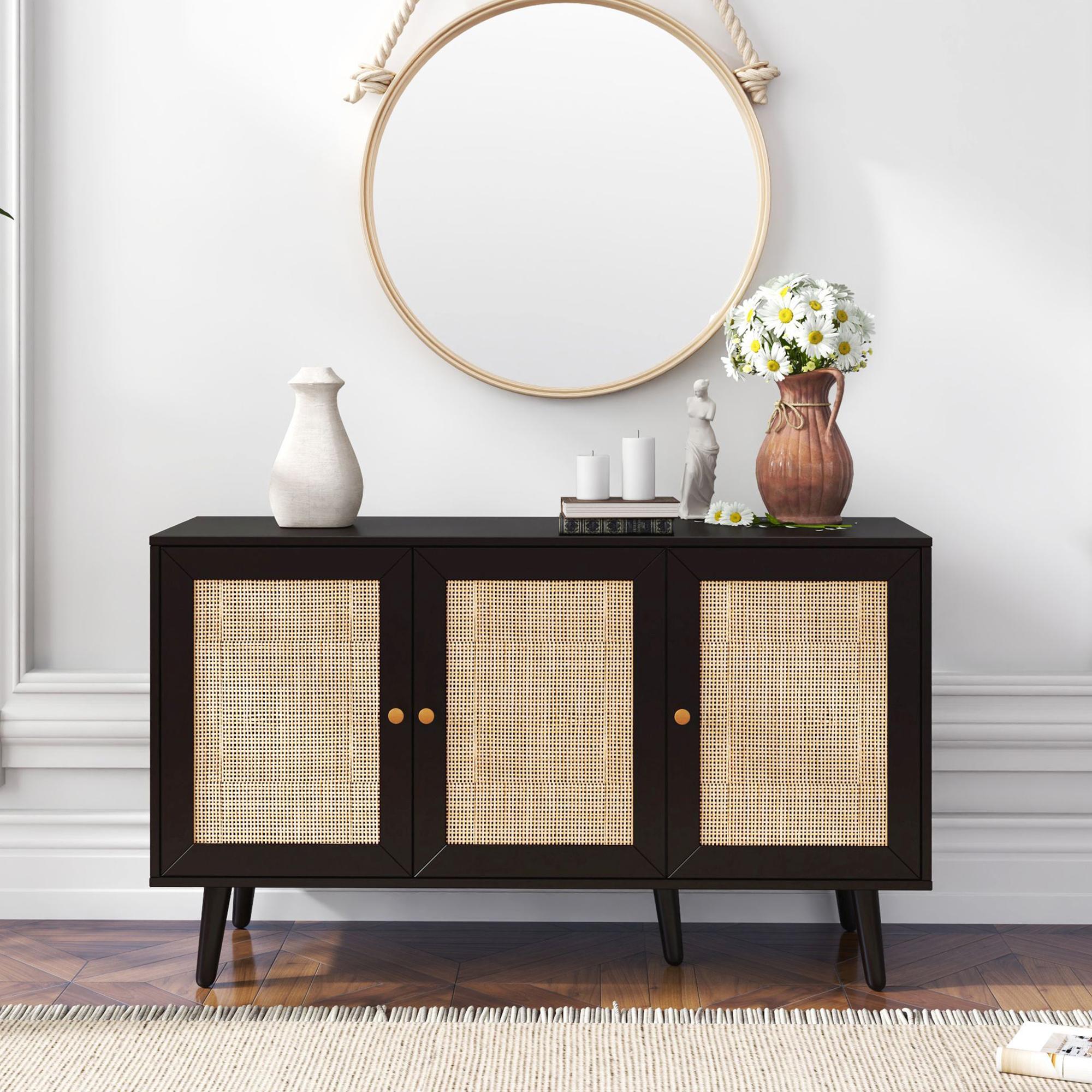 Ferrero Black and Woven Rattan 3 Door Medium Sideboard - 120cm