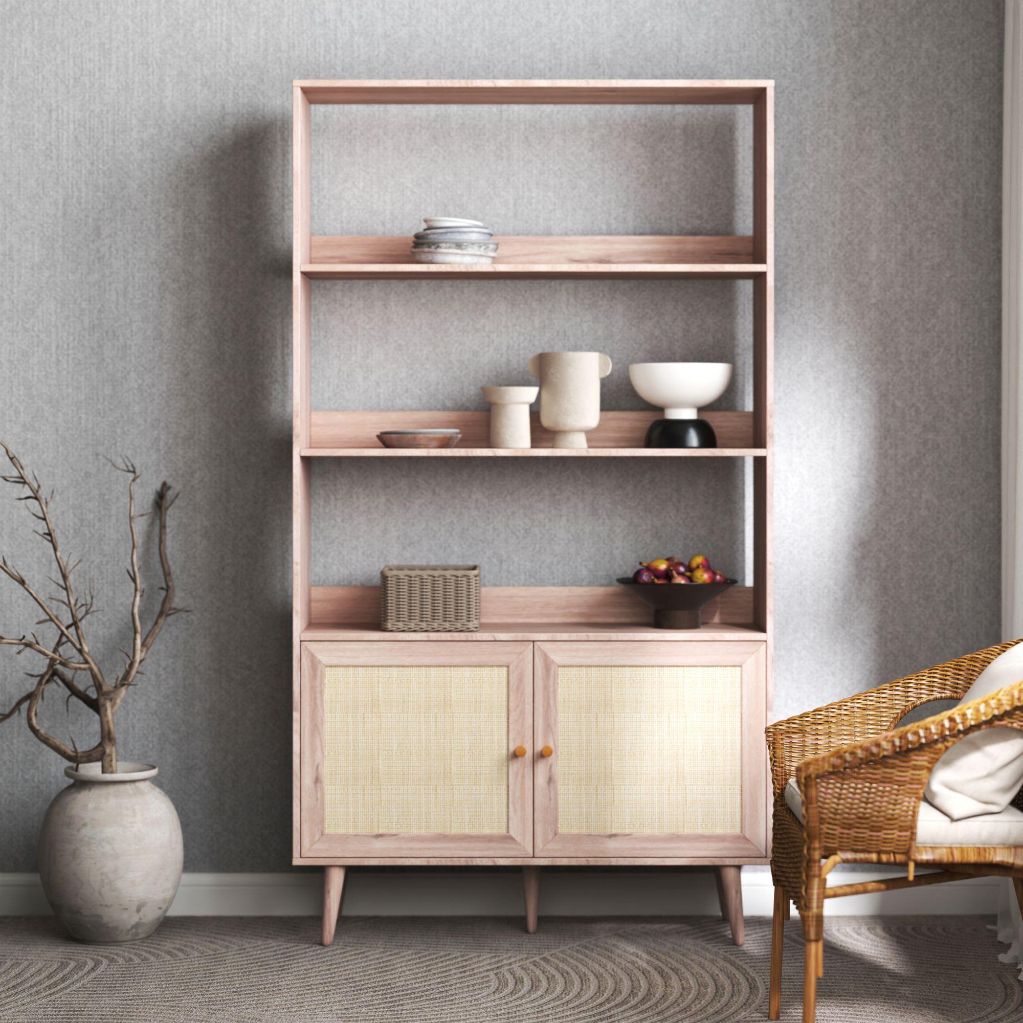 Ferrero Natural and Woven Rattan Open Shelving Unit with Cupboard
