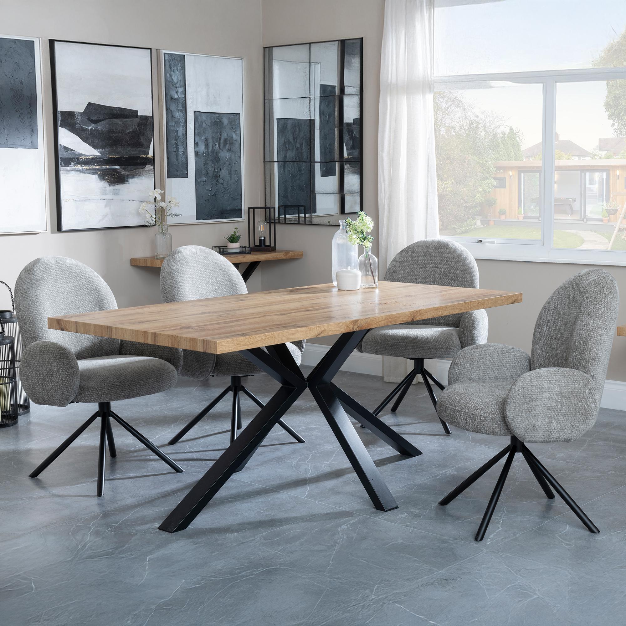 Ezra Oak Dining Set with Black Spider Legs - Theo Dark Grey Fabric Swivel Dining Chair