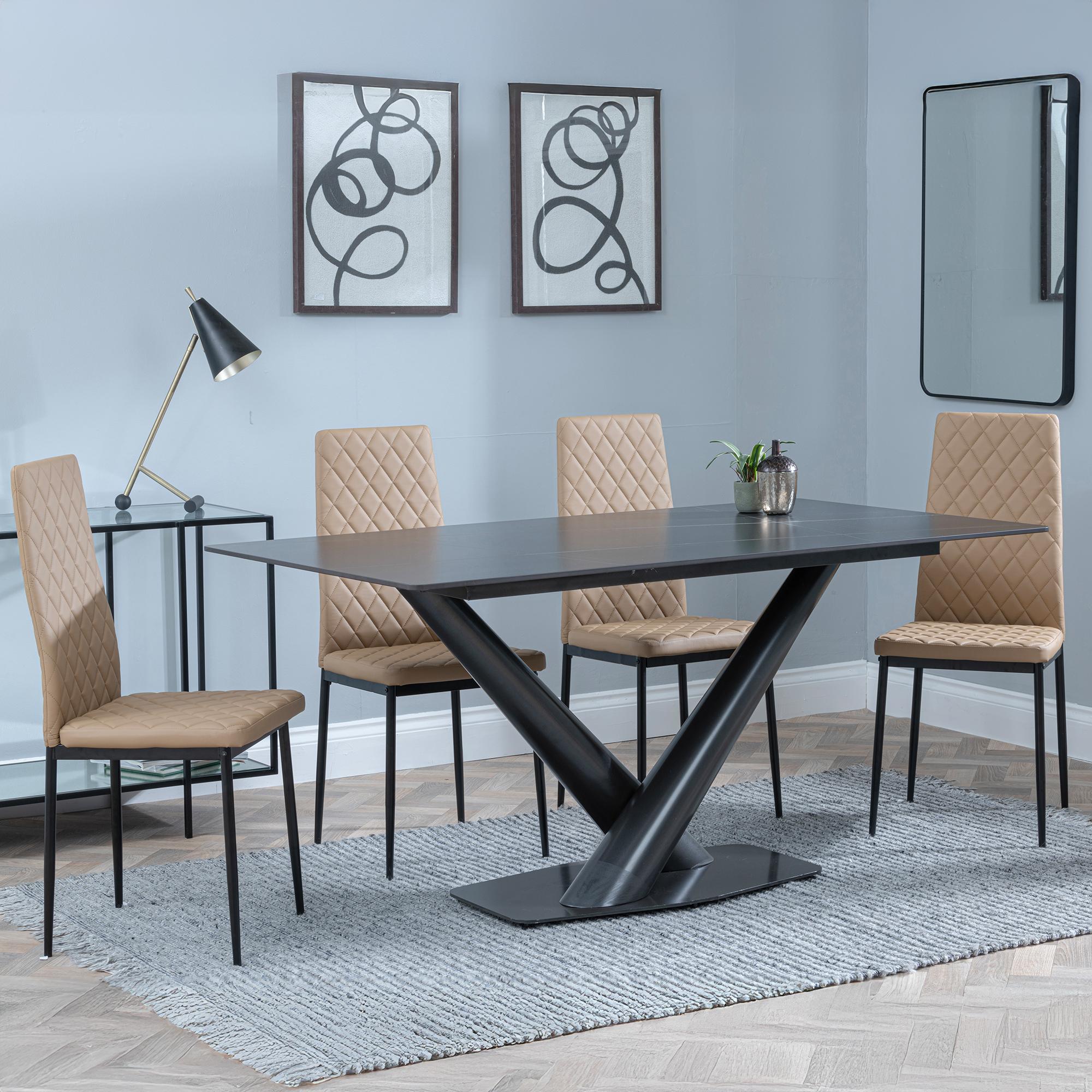 Maldon Black Ceramic Dining Set - Metro Cappuccino Leather Dining Chair with Black Legs